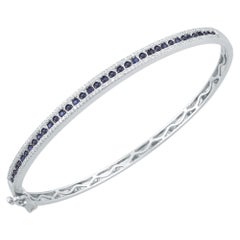 TJD 0.70 Carat Round Diamond and Natural Blue Sapphire 14K White Gold Bangle