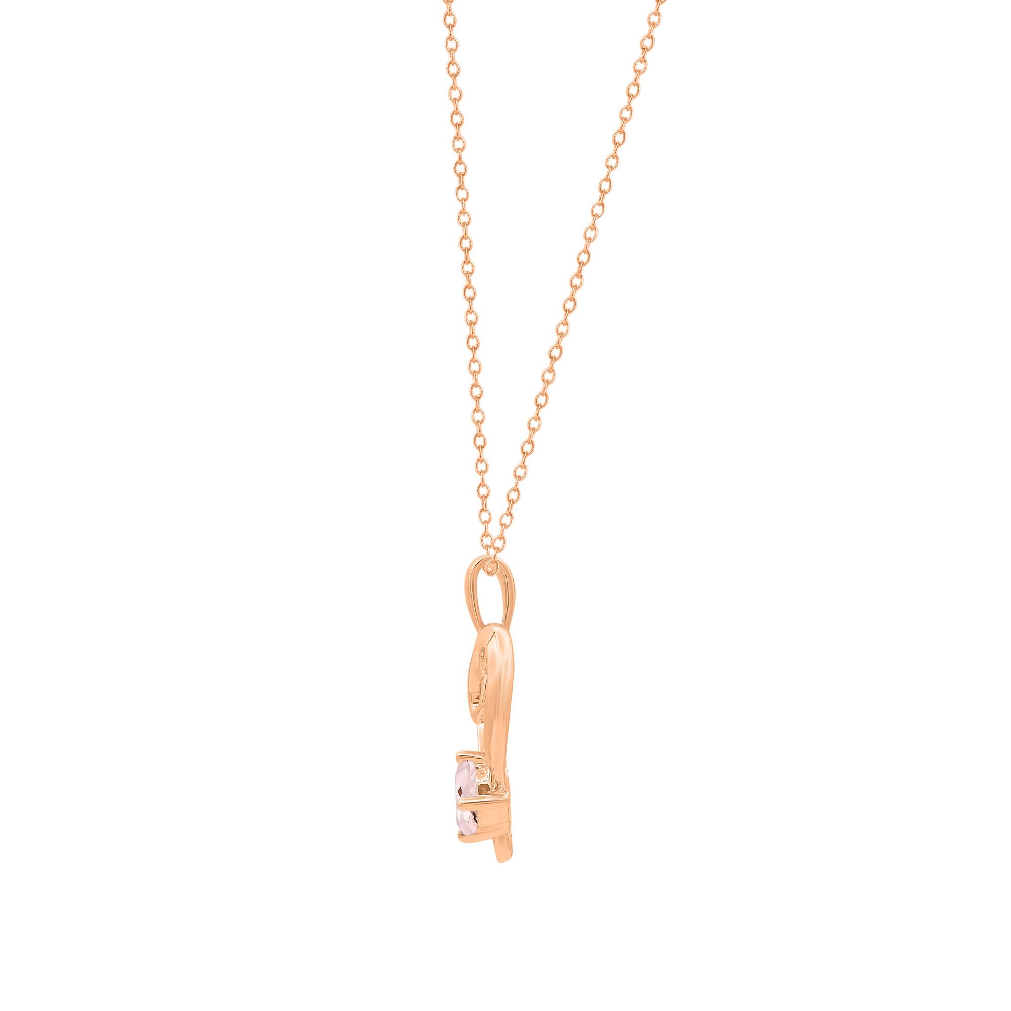 Express your affection with this playful diamond heart pendant in rose gold. This pendant is crafted from 14-karat rose gold and features 12 round diamonds and 1 cushion morganite set in prong & pave setting. H-I color I2 clarity and a high polish