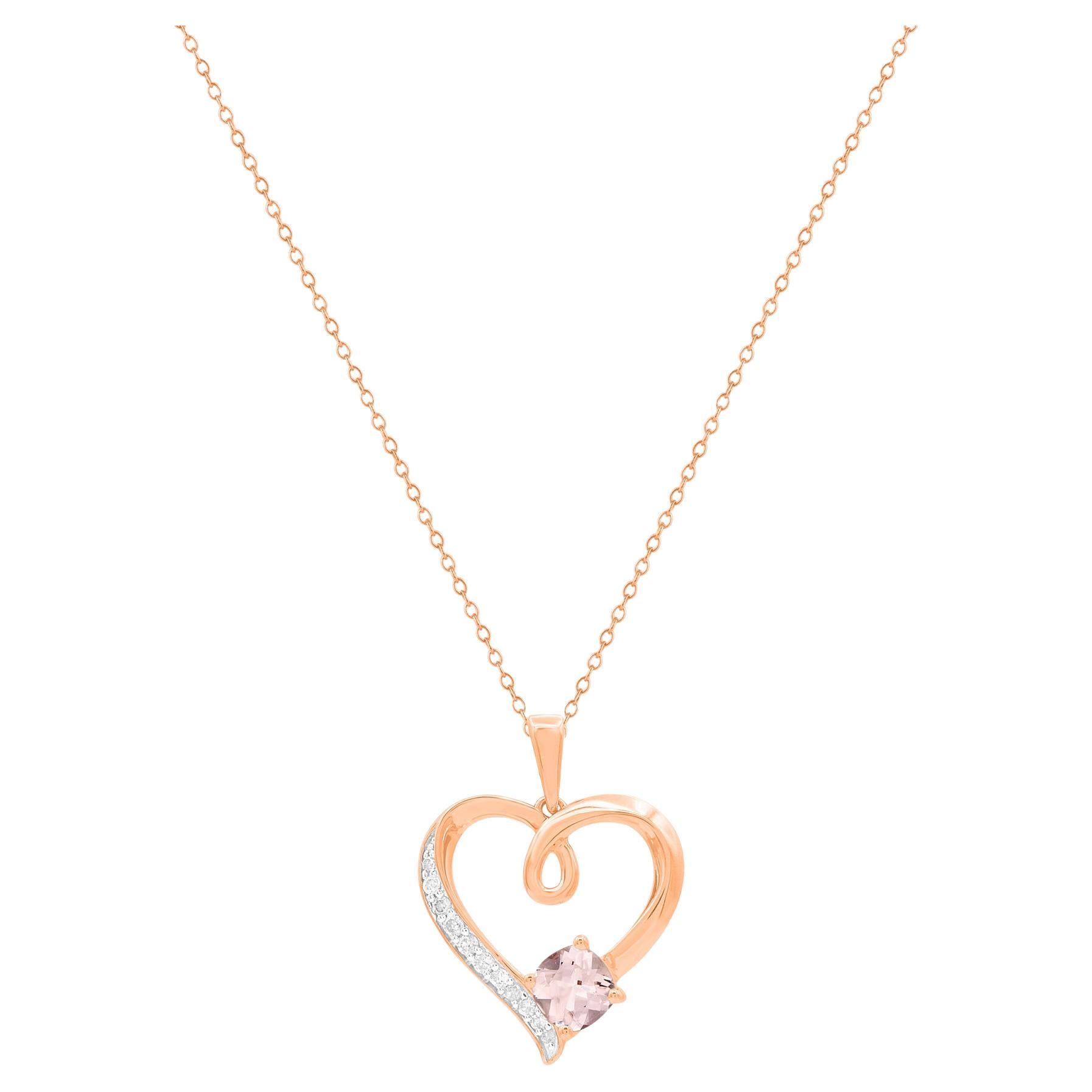 TJD 0.70 CT Natural Diamond and Morganite 14KT Rose Gold Heart Pendant Necklace