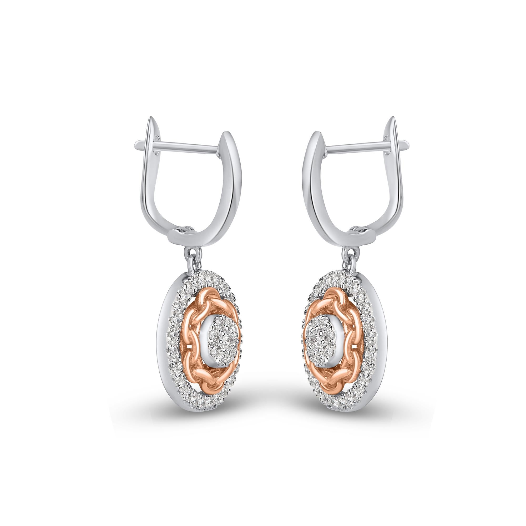 Perfect for everyday wear - these circular drop diamond huggie earrings are studded with 74  diamonds in prong and micro-prong setting and crafted in 18 karat two-toned gold. Diamonds are graded HI color, I1 clarity.  

Meal color can be customized
