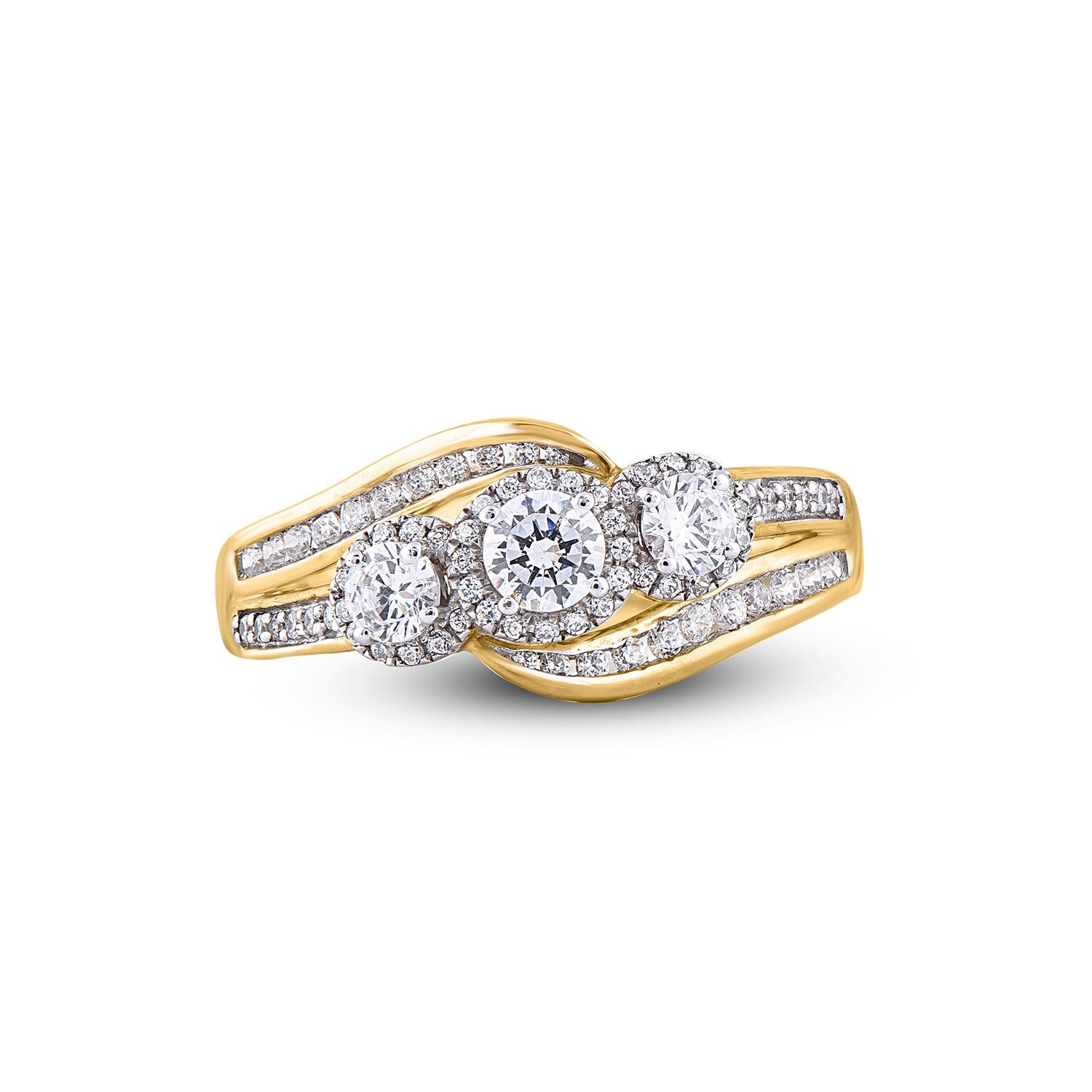 Art Deco TJD 0.75 Carat 3 Stone Diamond 18 Karat Yellow Gold Bridal Fashion Wedding Ring For Sale