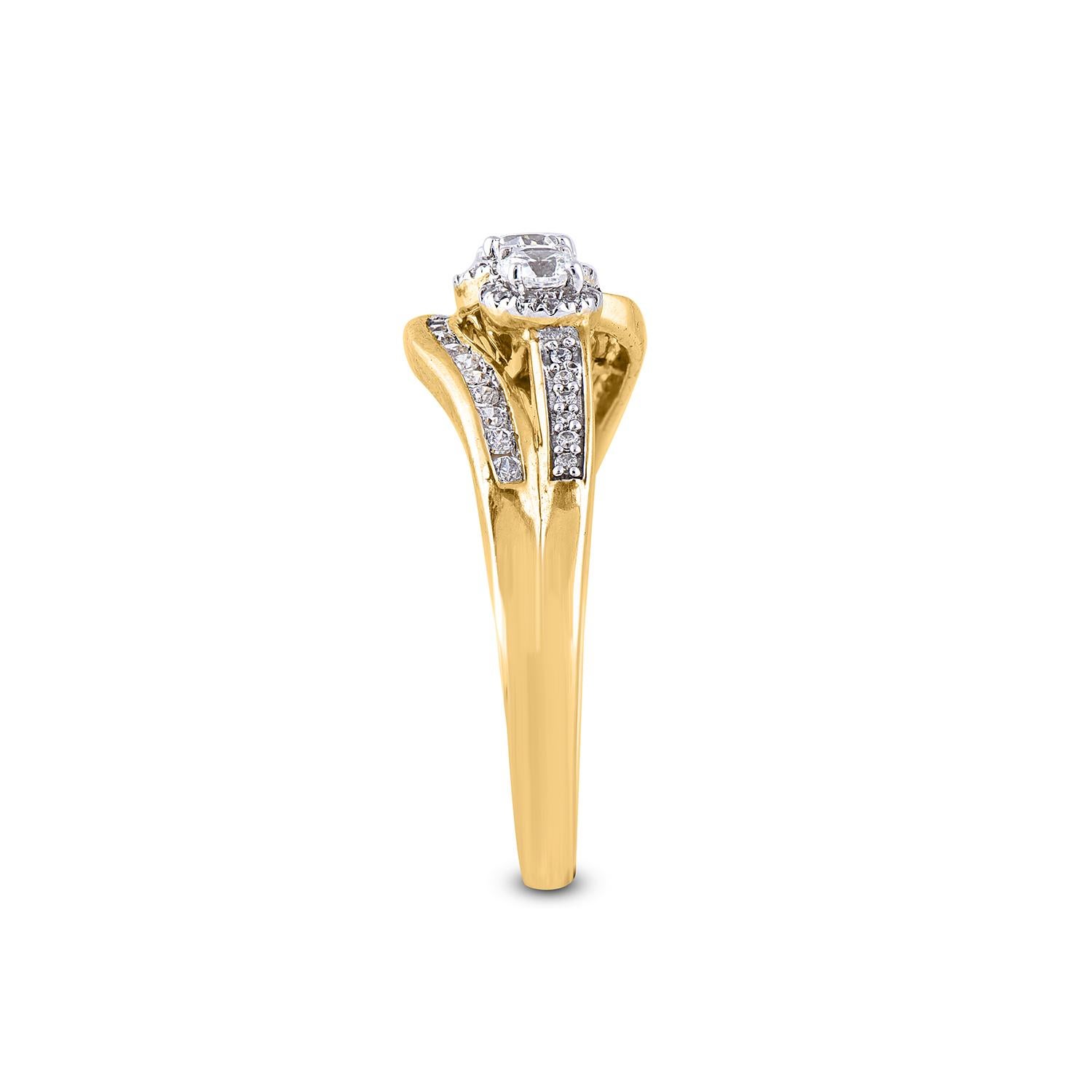 Round Cut TJD 0.75 Carat 3 Stone Diamond 18 Karat Yellow Gold Bridal Fashion Wedding Ring For Sale
