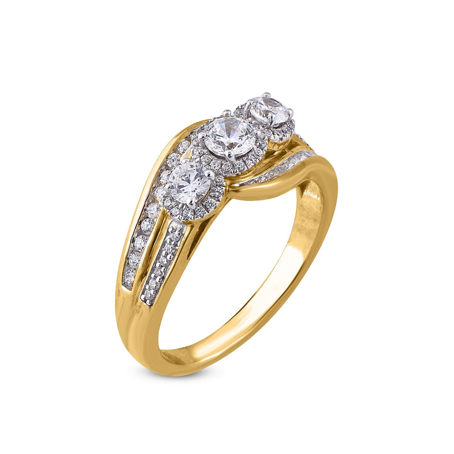This dramatic ring shimmers with 75 diamonds 0.23ct of centre stone and each side diamond is 0.107 ct and remaining diamond on frame and shank lined diamonds secured in prong, pave and channel setting crafted in 18 karat Yellow gold. Diamonds are