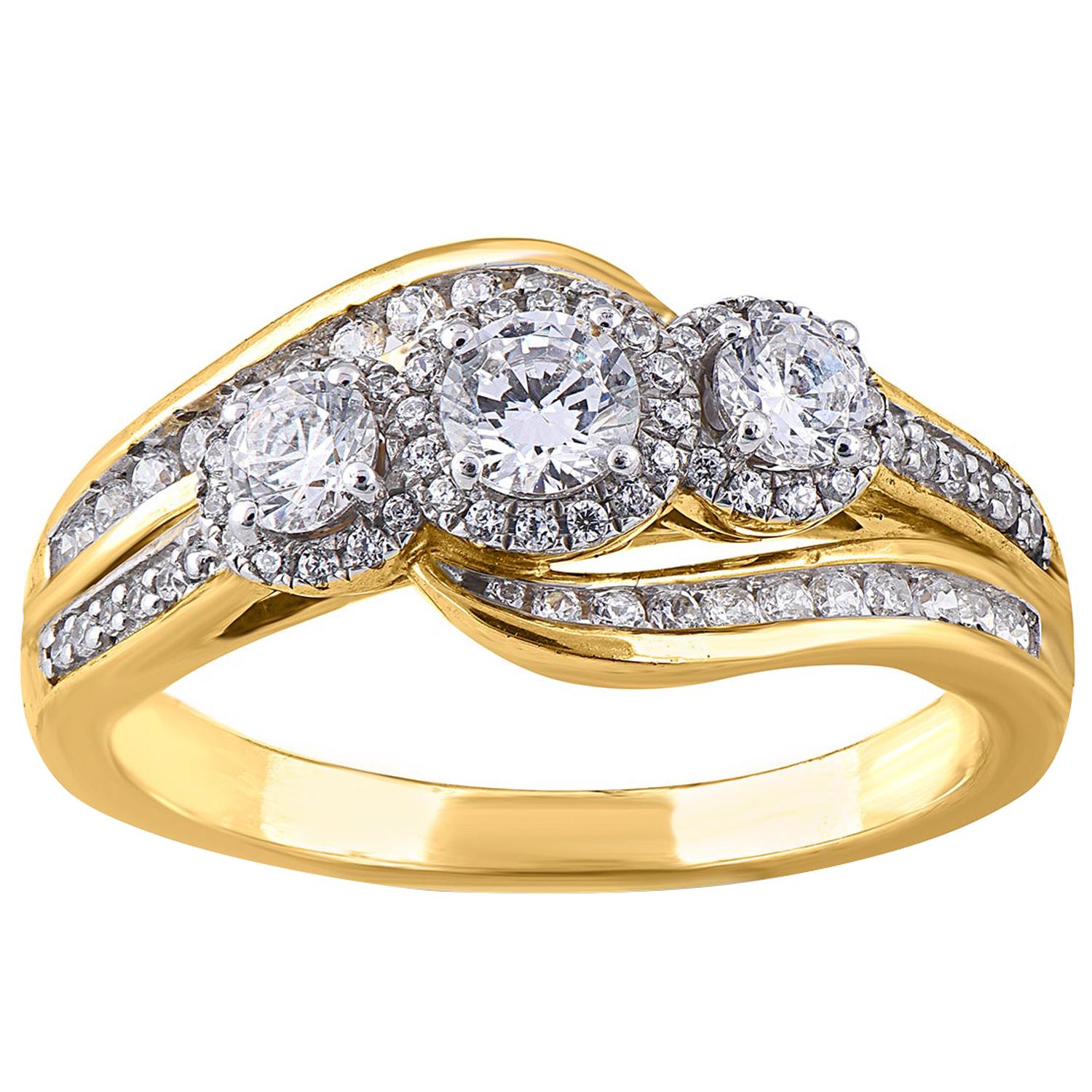 TJD 0.75 Carat 3 Stone Diamond 18 Karat Yellow Gold Bridal Fashion Wedding Ring For Sale