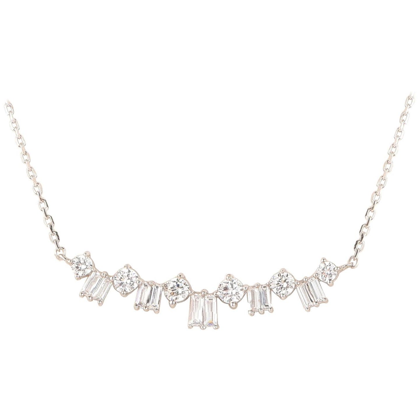 TJD 0.75 Carat Alternating Round and Baguette Diamond 18KT White Gold Necklace in vendita