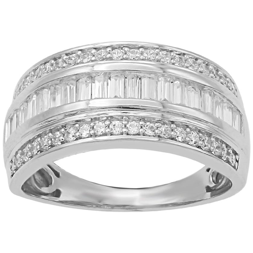 TJD 0.75 Carat Round and Baguette Diamond 14K White Gold Triple row Wedding Band For Sale