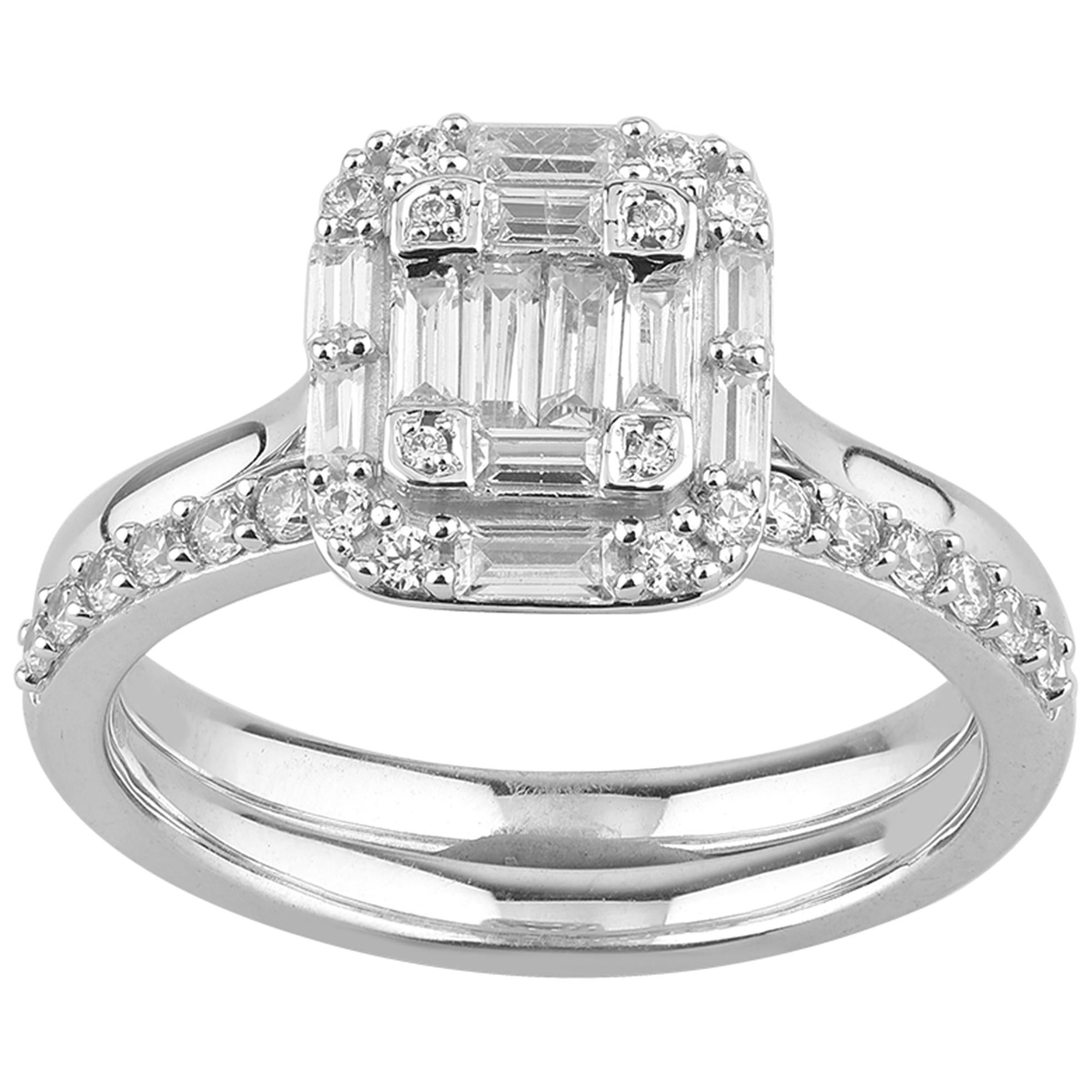 TJD Parure de mariée empilable en or blanc 14 carats avec diamants ronds et baguettes de 0,75 carat
