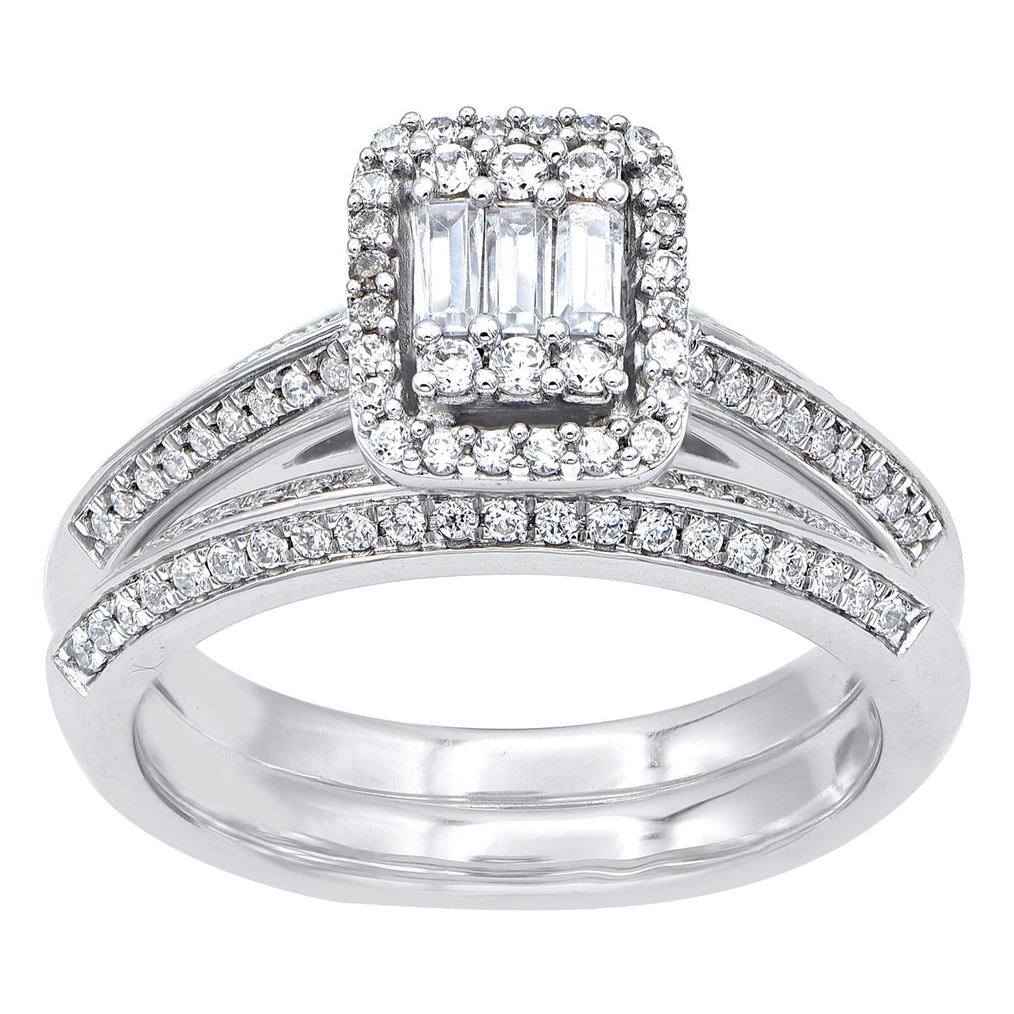 TJD 0.75 Carat Round and Baguette Diamond 14 Karat White Gold Bridal Ring Set