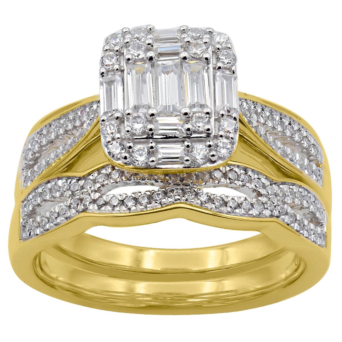 TJD 3/4Carat Round & Baguette Diamond 14K Yellow Gold Stackable Bridal Set Ring