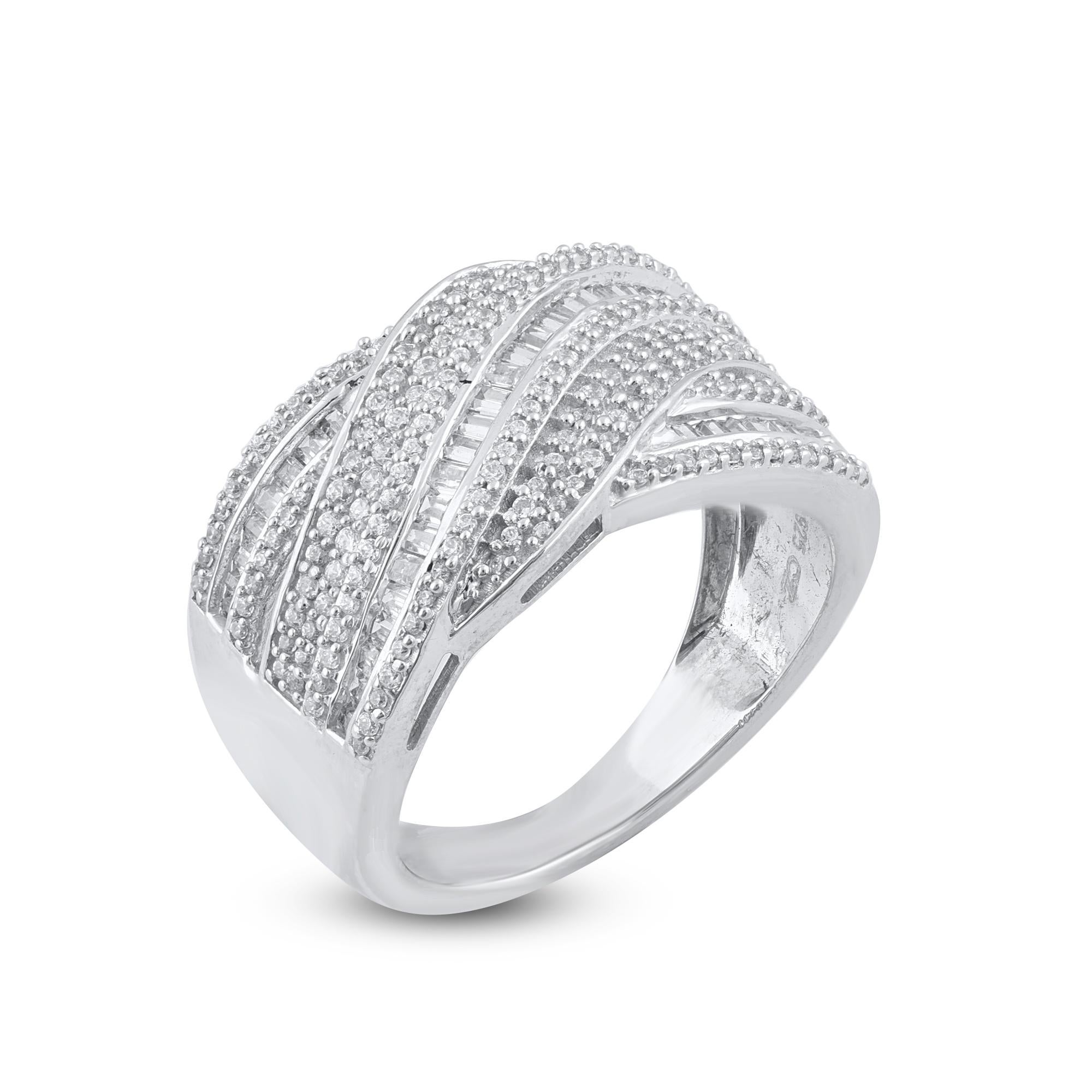 Exquisite 14K gold 0.75 carat diamond crisscross ring. Expertly Crafted of sparkling 14 karat white gold in high polish finish and set with 168 sparkling round and 47 baguette cut diamond set in channel and pave setting, We only use 100% natural and