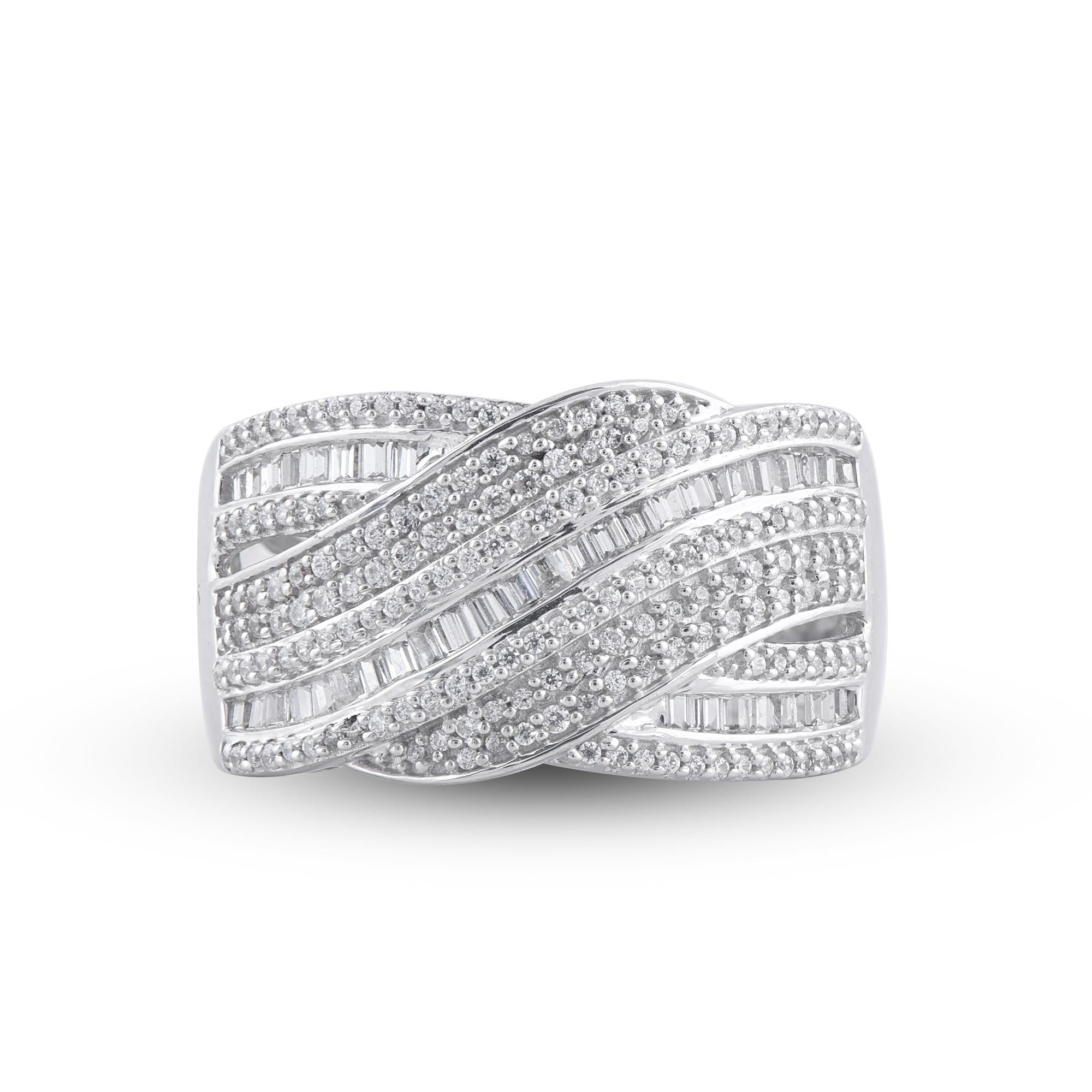 Moderno TJD 0,75 carati Baguette e diamante rotondo in oro 14 carati Anello a croce sovrapposta in vendita