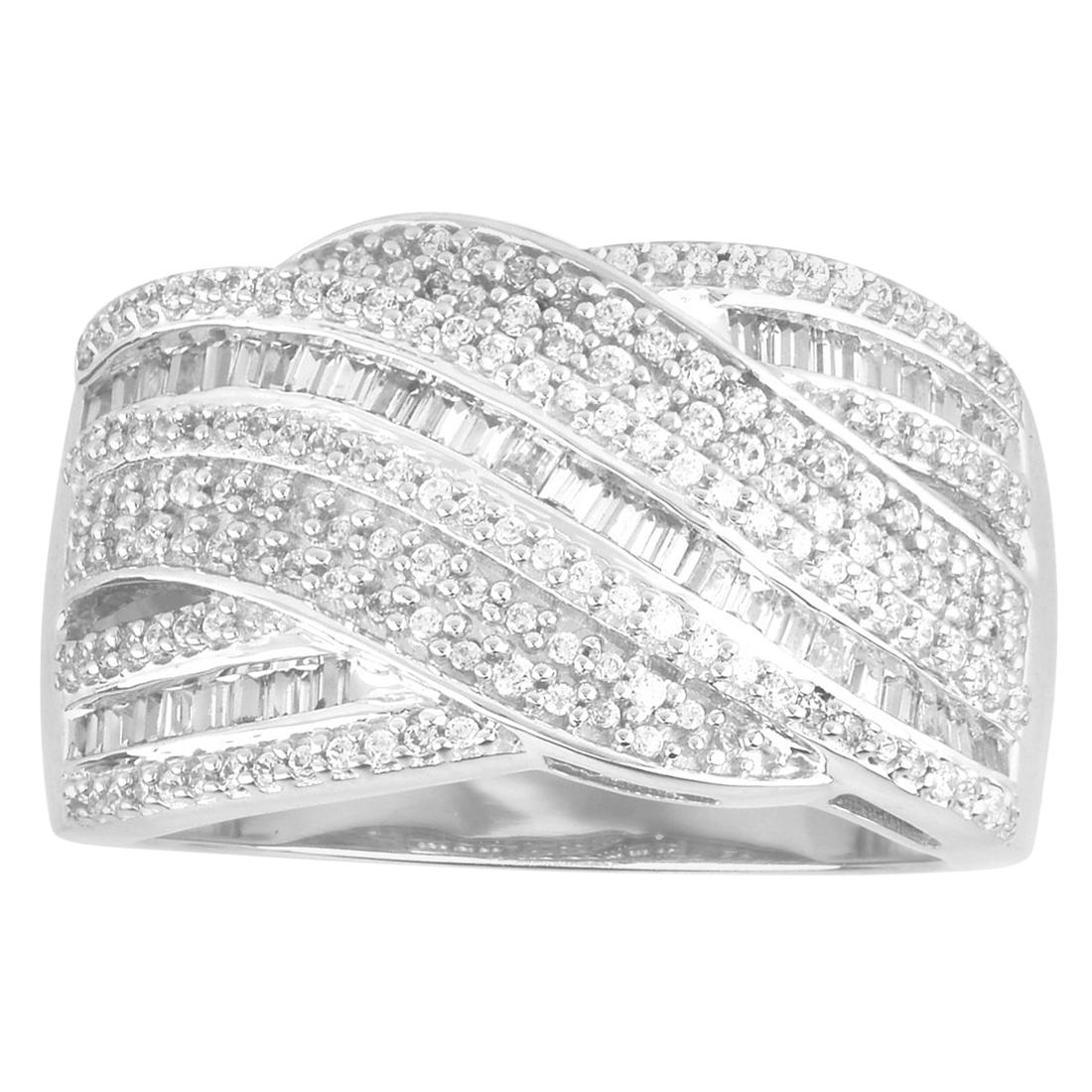 TJD 0.75 Carat Baguette and Round Diamond 14 Karat Gold Layered Criss Cross Ring For Sale