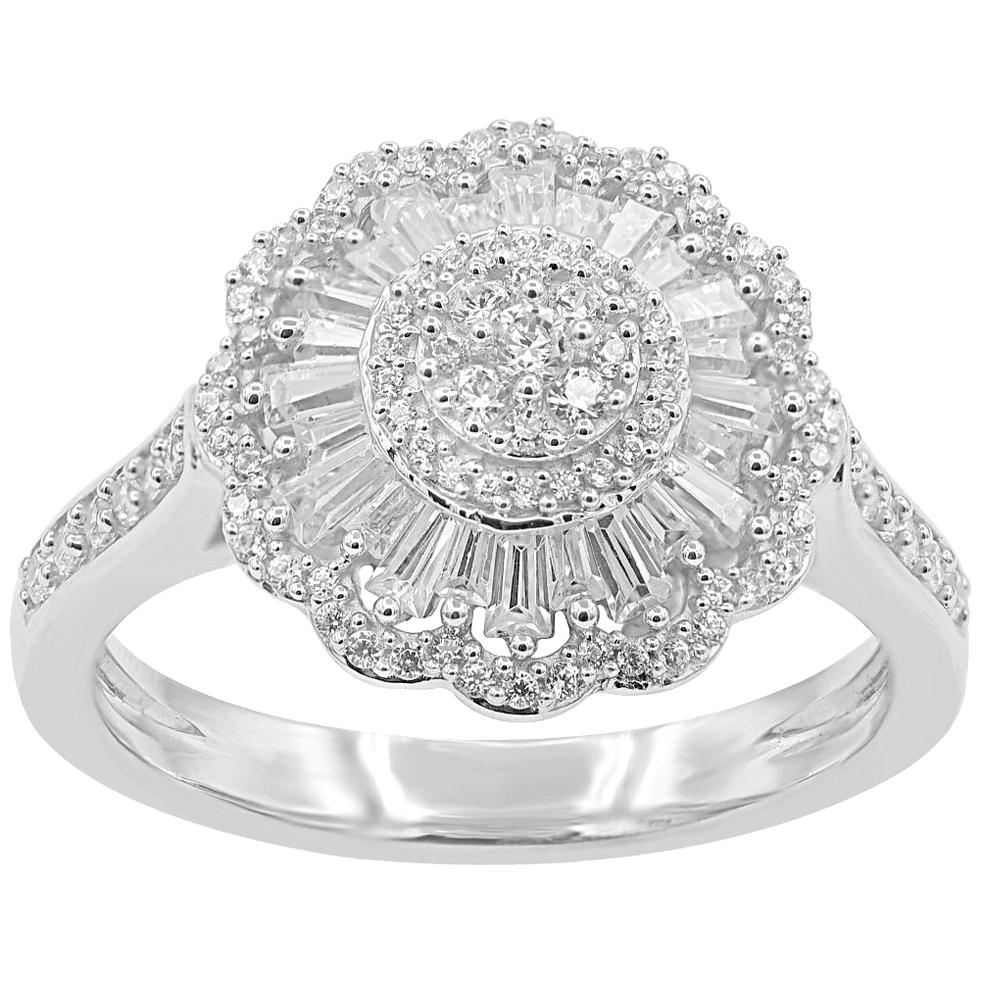 TJD 0.75 Carat Round & Baguette Diamond 14 Karat White Gold Fashion Cluster Ring