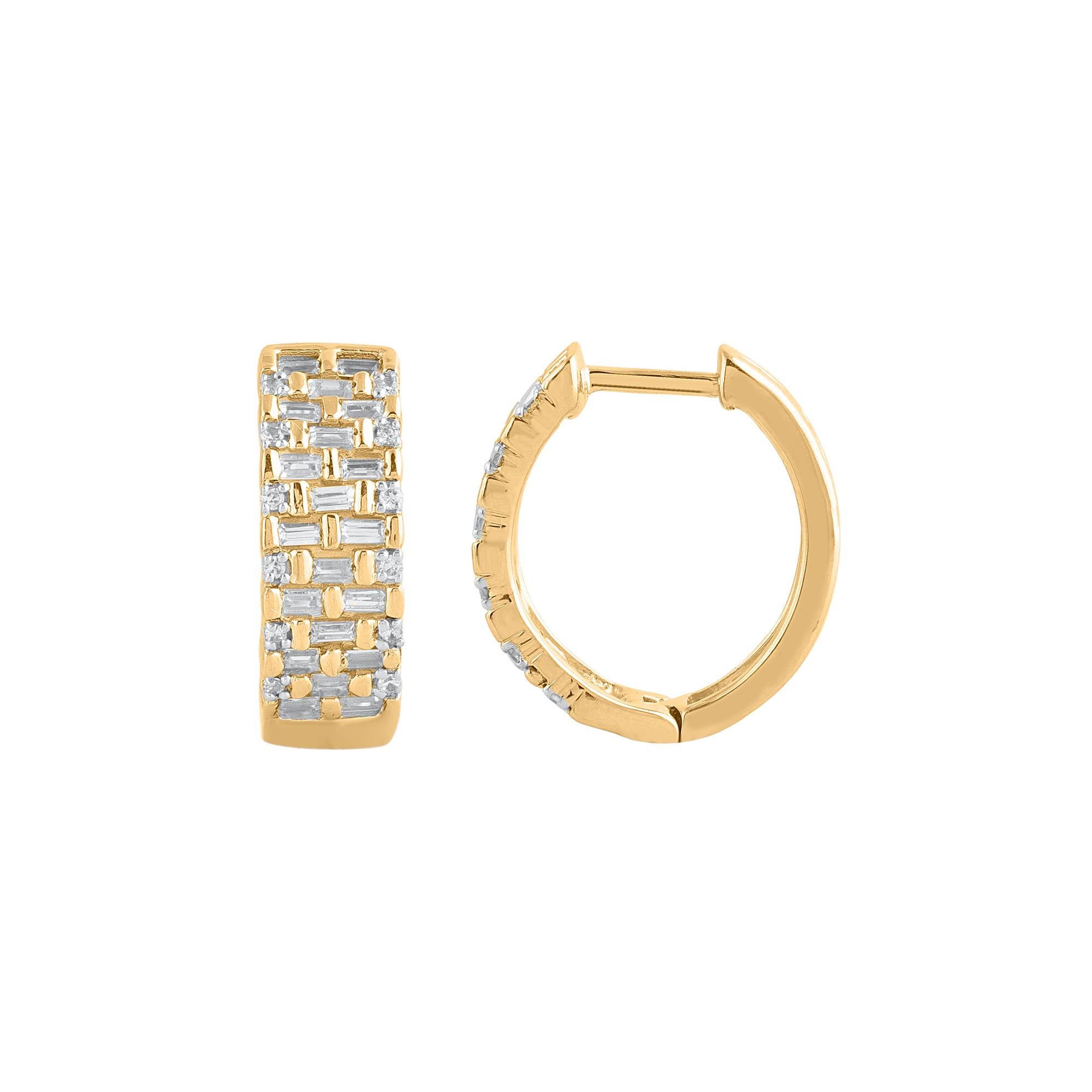 Perfect your weekend looks when you wear these stylish diamond hoop earrings. Crafted in 14 karat yellow gold with 64 brilliant cut & baguette diamond in pave & channel setting. Total diamond weight is 0.75 carat. These earrings secure with hinged