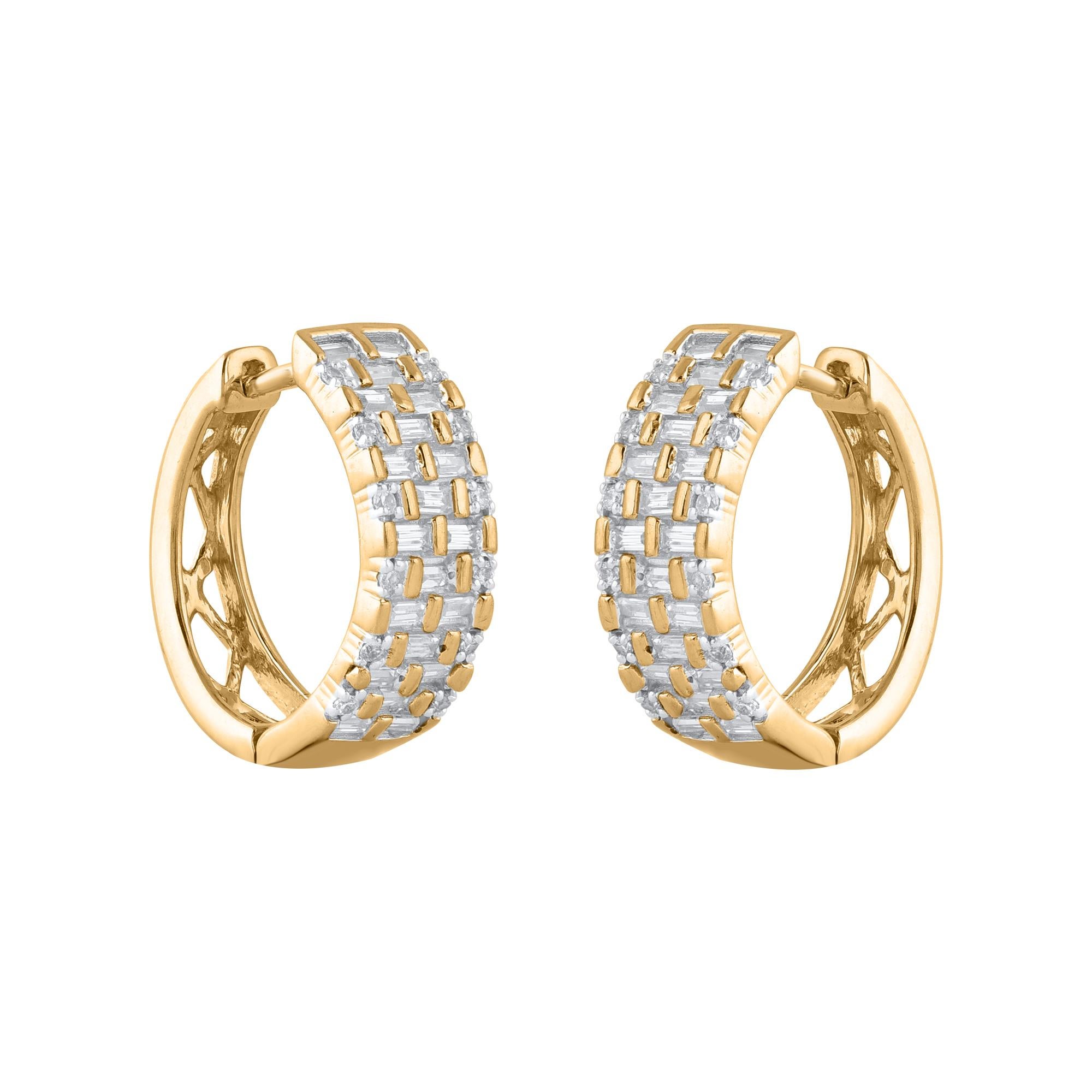 TJD 0.75 Carat Baguette Cut Diamond 14 Karat Yellow Gold Huggie Hoop Earrings In New Condition For Sale In New York, NY