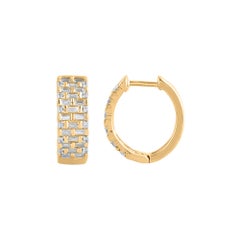 TJD 0.75 Carat Baguette Cut Diamond 18 Karat Yellow Gold Huggie Hoop Earrings