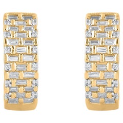 TJD 0.75 Carat Baguette Cut Diamond 18 Karat Yellow Gold Huggie Hoop Earrings
