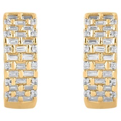 TJD 0.75 Carat Baguette Cut Diamond 18 Karat Yellow Gold Huggie Hoop Earrings