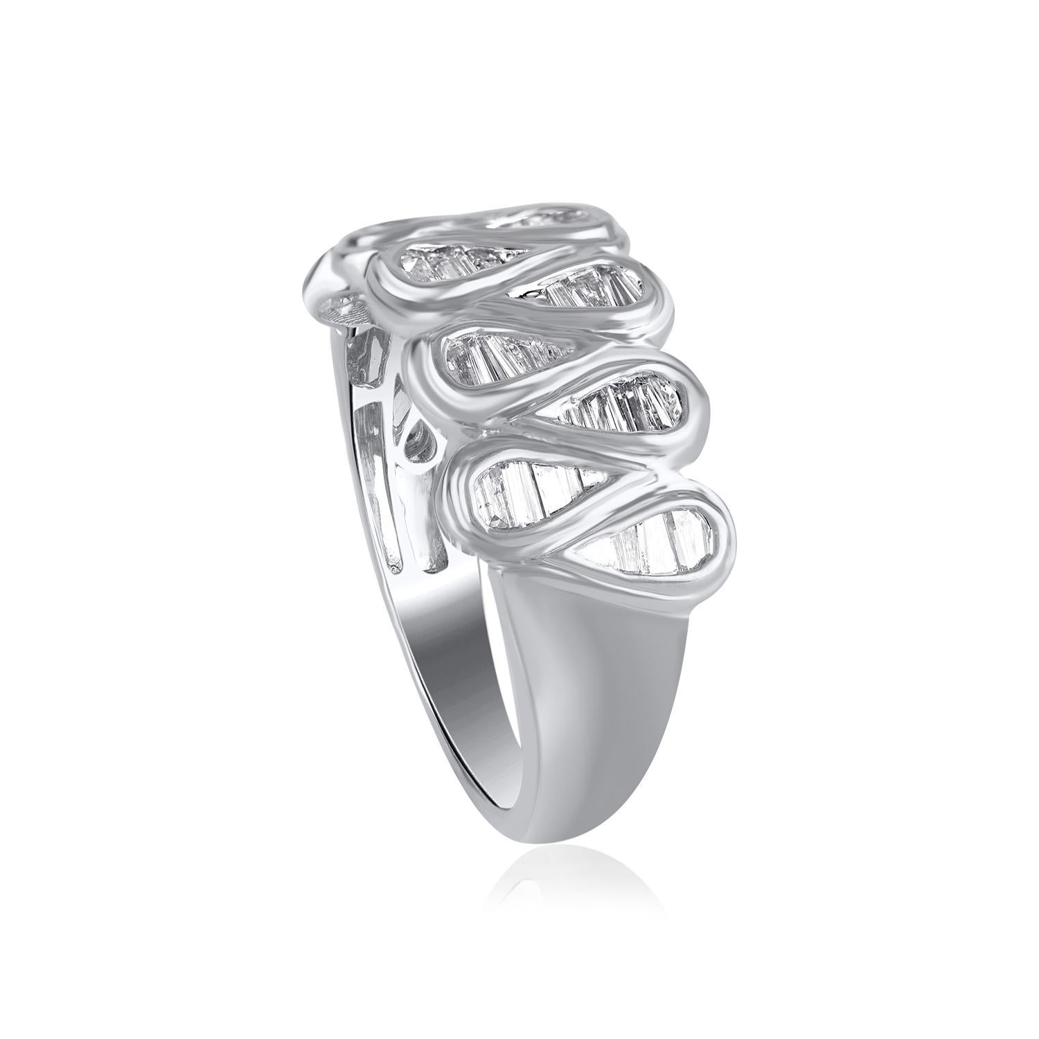 Art Deco TJD 0.75 Carat Baguette Diamond 14KT White Gold Wave Band Ring For Sale