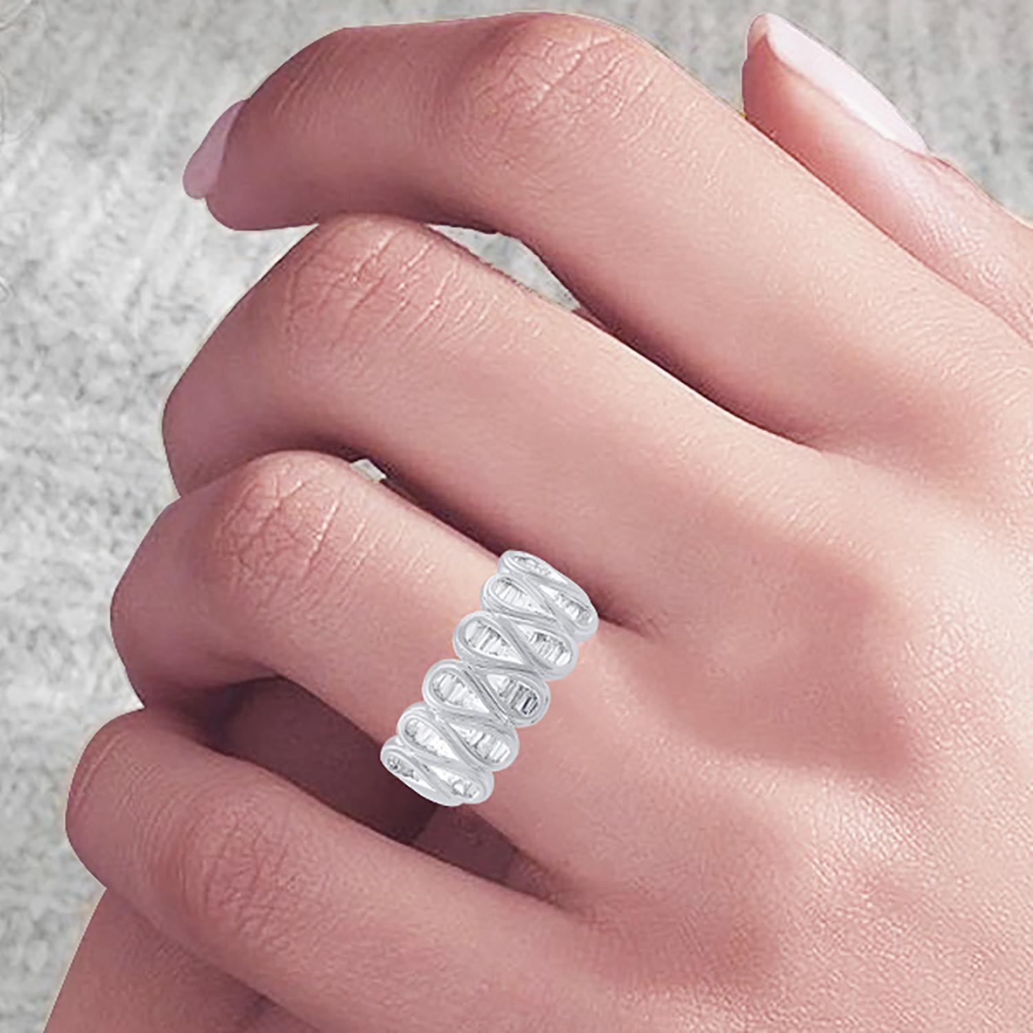 TJD 0.75 Carat Baguette Diamond 14KT White Gold Wave Band Ring In New Condition For Sale In New York, NY