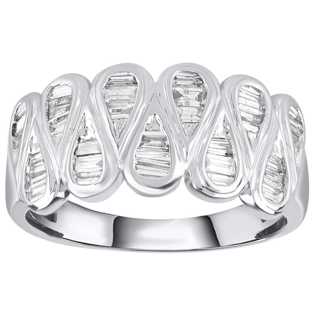 TJD 0.75 Carat Baguette Diamond 14KT White Gold Wave Band Ring