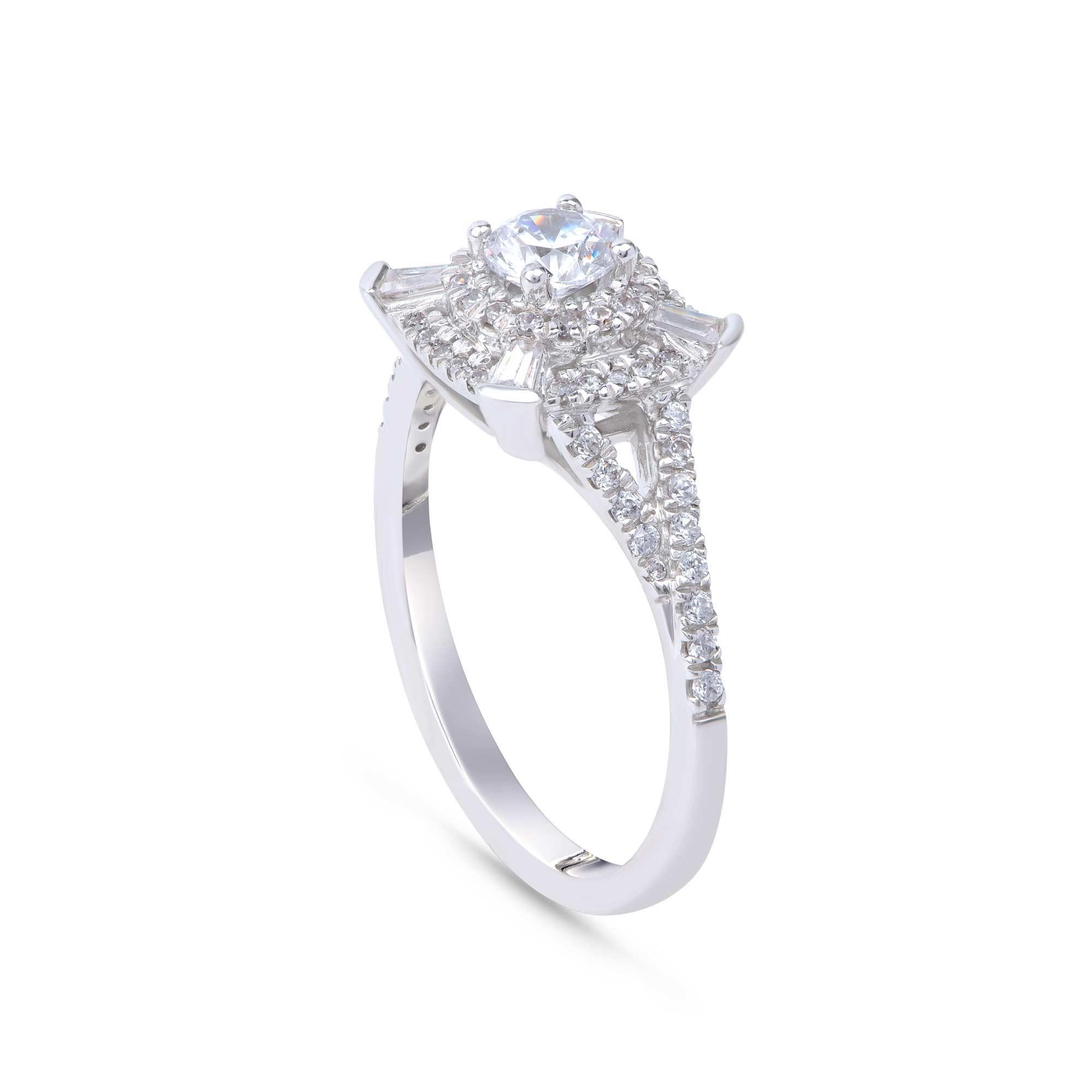 Beautifully studded with 63 brilliant and 8 baguette natural diamonds in prong, micro-prong and channel setting and designed in 18-karat white gold. Diamonds are graded H Color, I1 Clarity. 

Metal color and ring size can be customized on request.