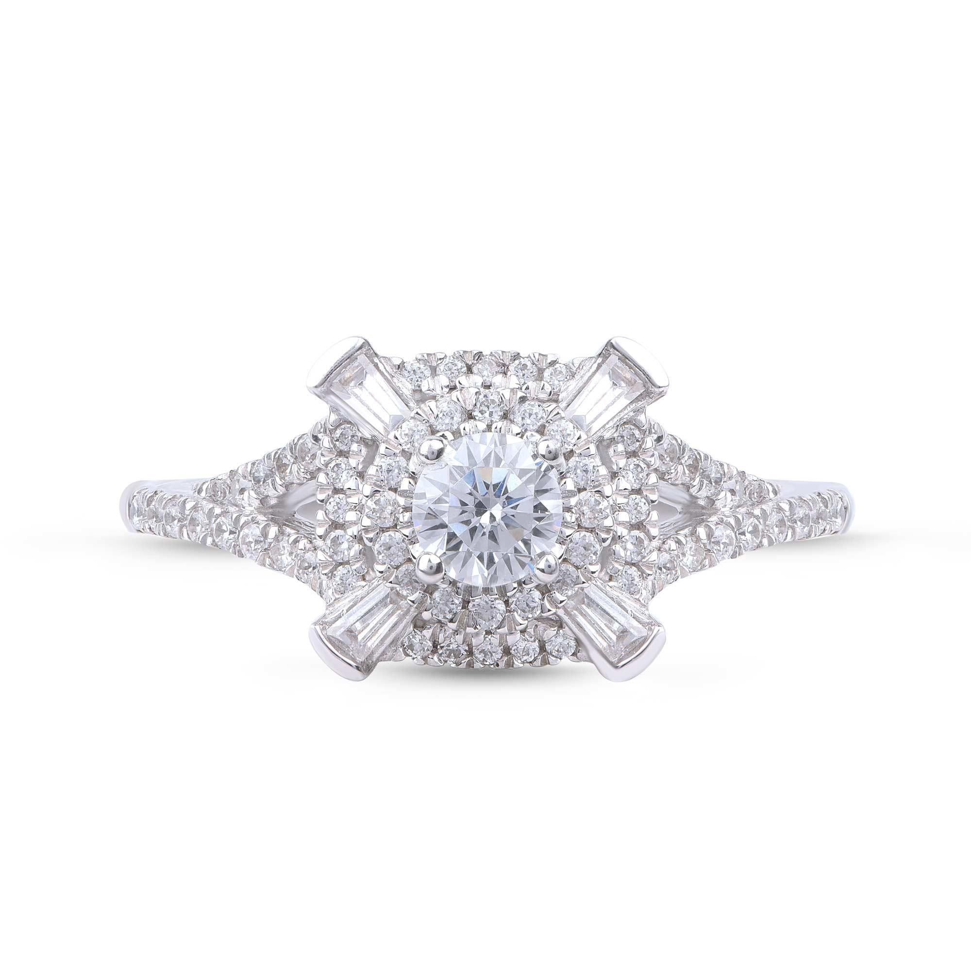 Modern TJD 0.75 Carat Round and Baguette Cut Diamond  18 Karat White Gold Cluster Ring For Sale