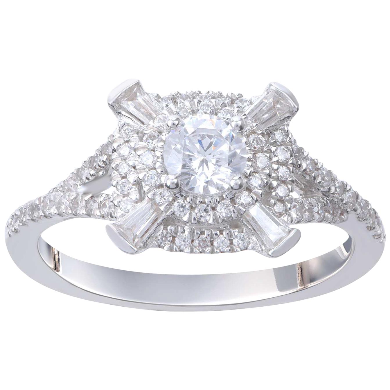 TJD 0.75 Carat Round and Baguette Cut Diamond  18 Karat White Gold Cluster Ring