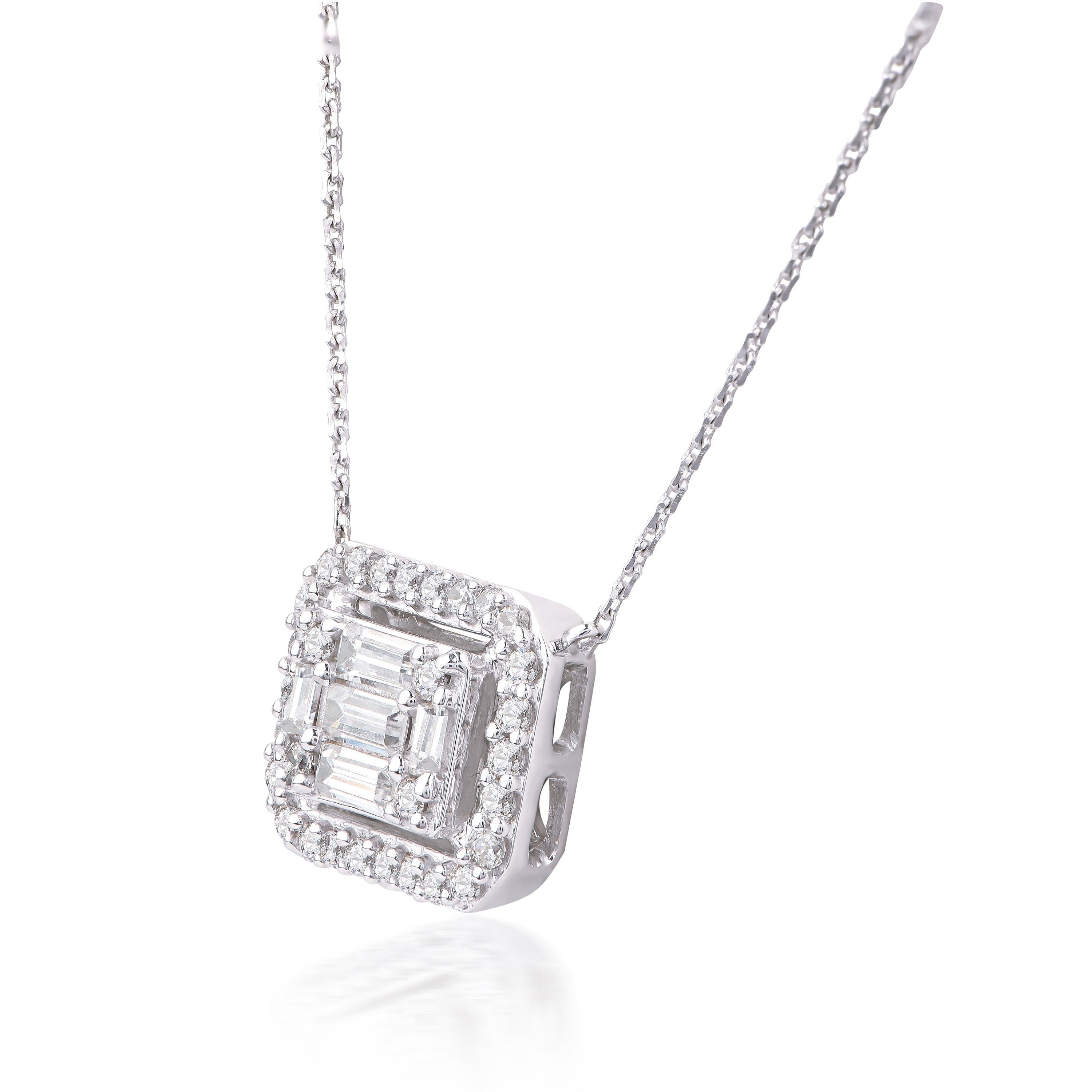 Shines brightly with 30 brilliant cut and 5 baguette diamonds embedded elegantly in prong setting and handcrafted by our in-house experts in 18-karat white gold. The diamonds are graded H-I Color, I2 Clarity. 

We can customize this in yellow or