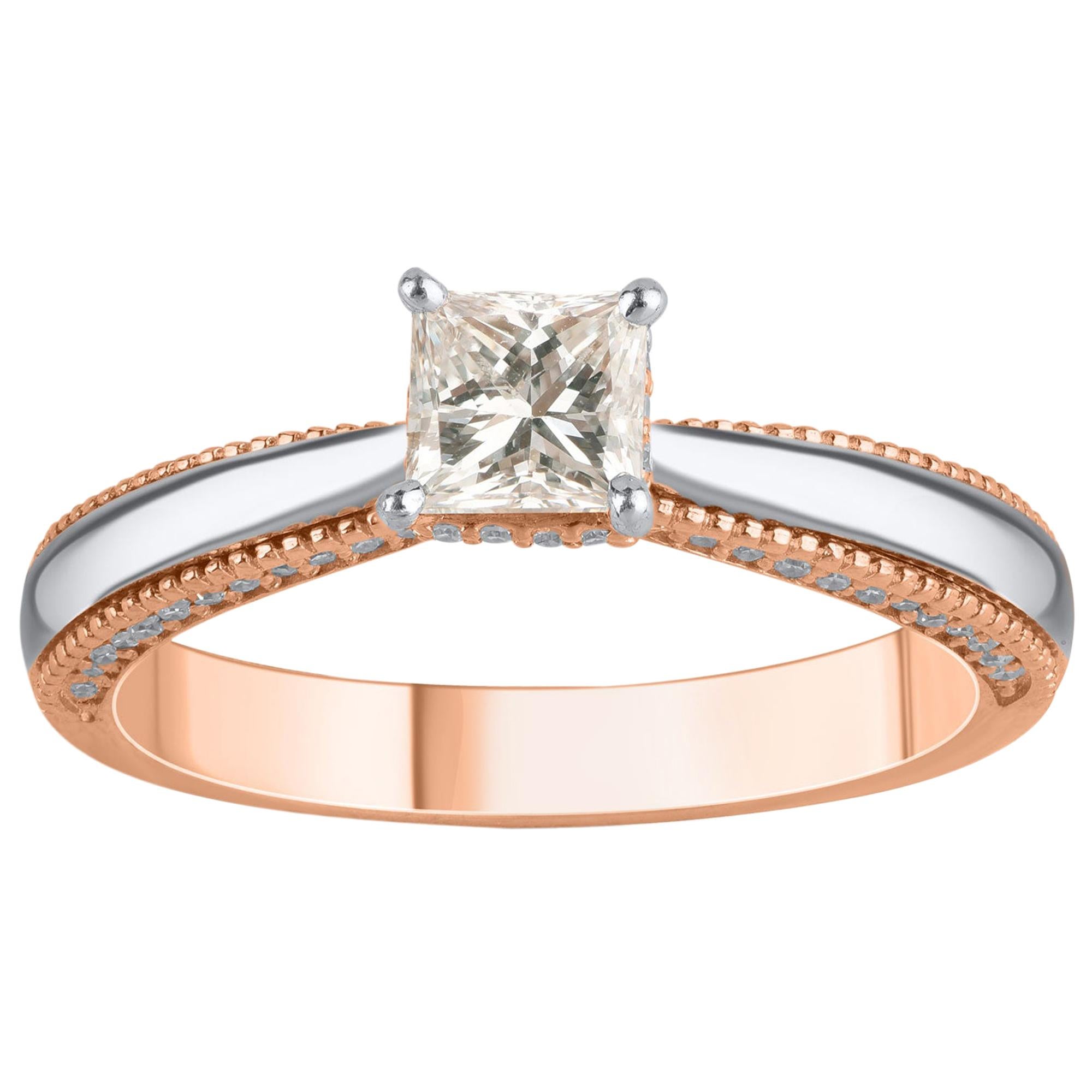 TJD Bague de fiançailles bicolore en or 18 carats avec diamants taille ronde et princesse de 0,75 carat en vente