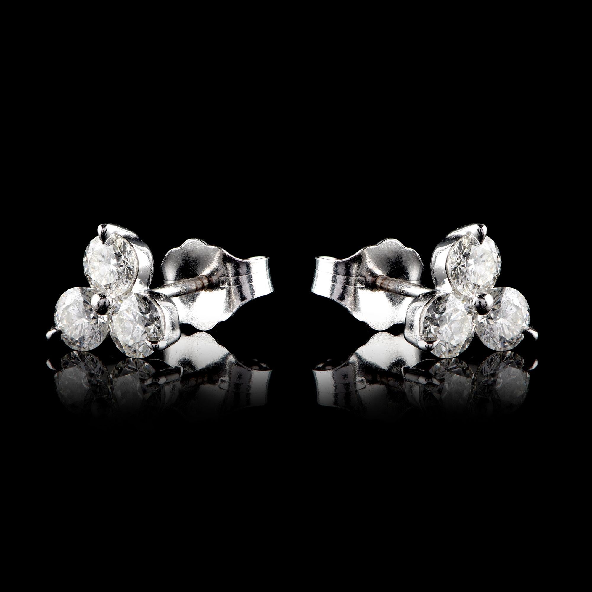 Contemporary TJD 0.75 Carat 3 Stone Round Diamond 14 Karat White Gold Earrings For Sale