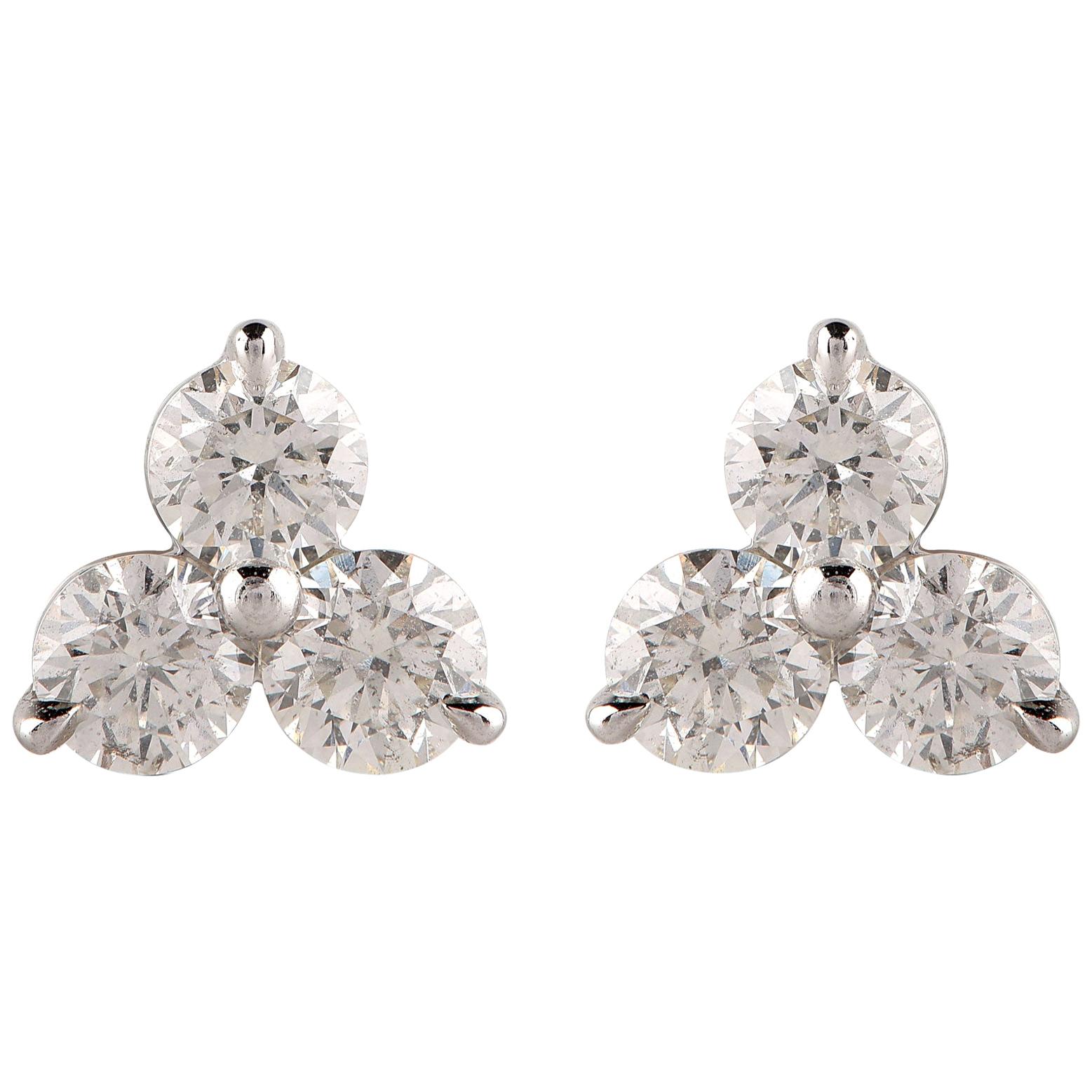 TJD 0.75 Carat 3 Stone Round Diamond 14 Karat White Gold Earrings