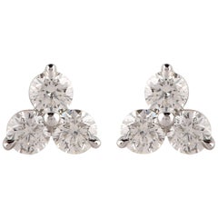 TJD 0.75 Carat 3 Stone Round Diamond 14 Karat White Gold Earrings