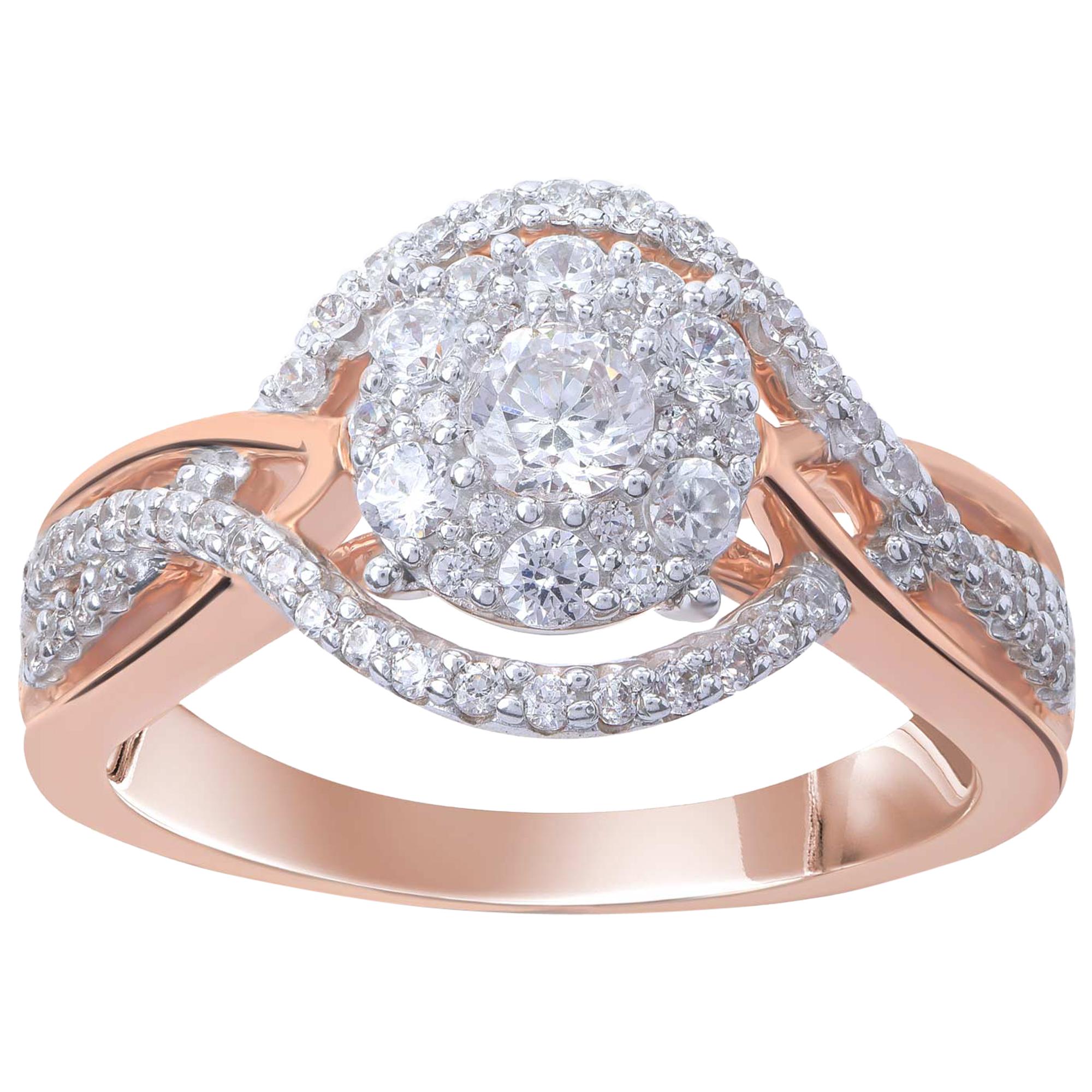 TJD 0.75 Carat Diamond 18 Karat Rose Gold Vintage Crossover Engagement Ring For Sale