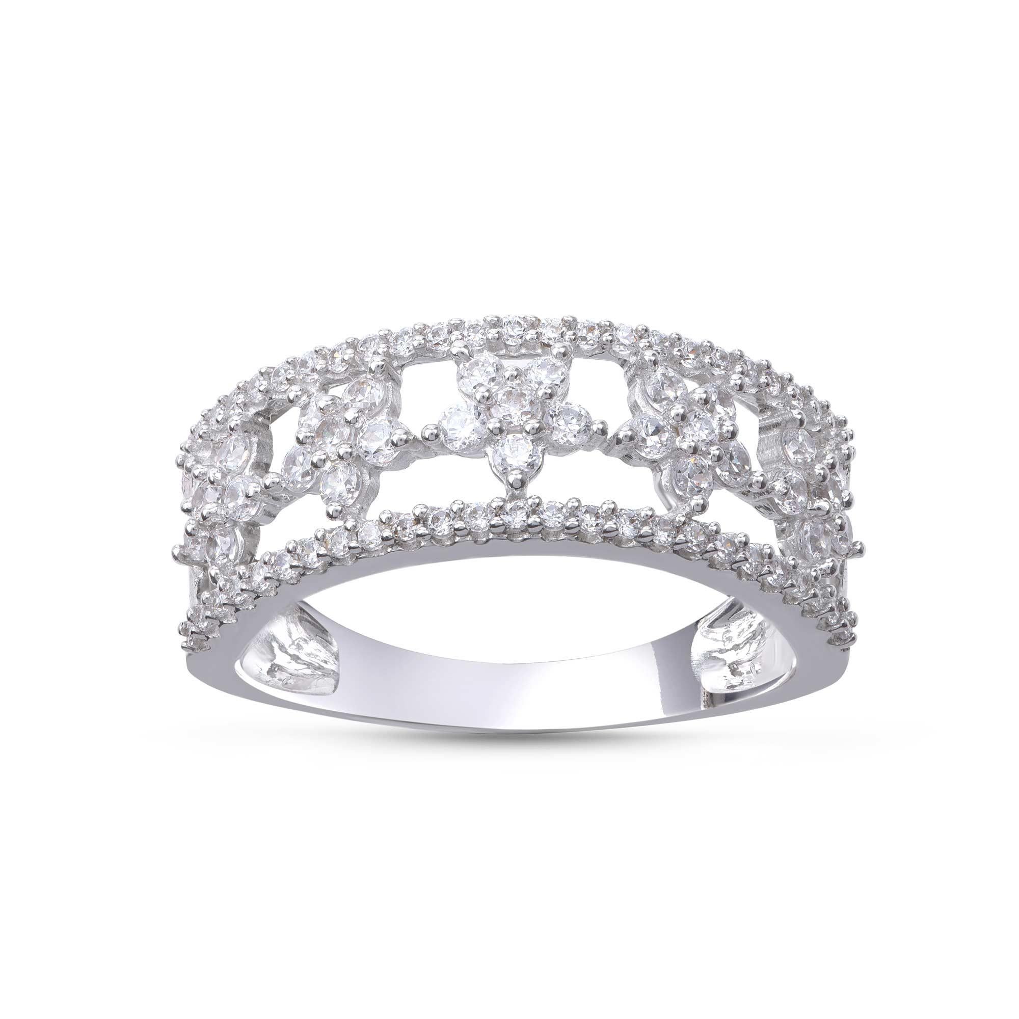 Embellished with round brilliant-cut diamonds set beautifully in prong setting and fashioned in 18 kt white gold. Diamonds are graded H-I Color, I2 Clarity. 

Metal color and ring size can be customized on request. 

This piece is made to order.