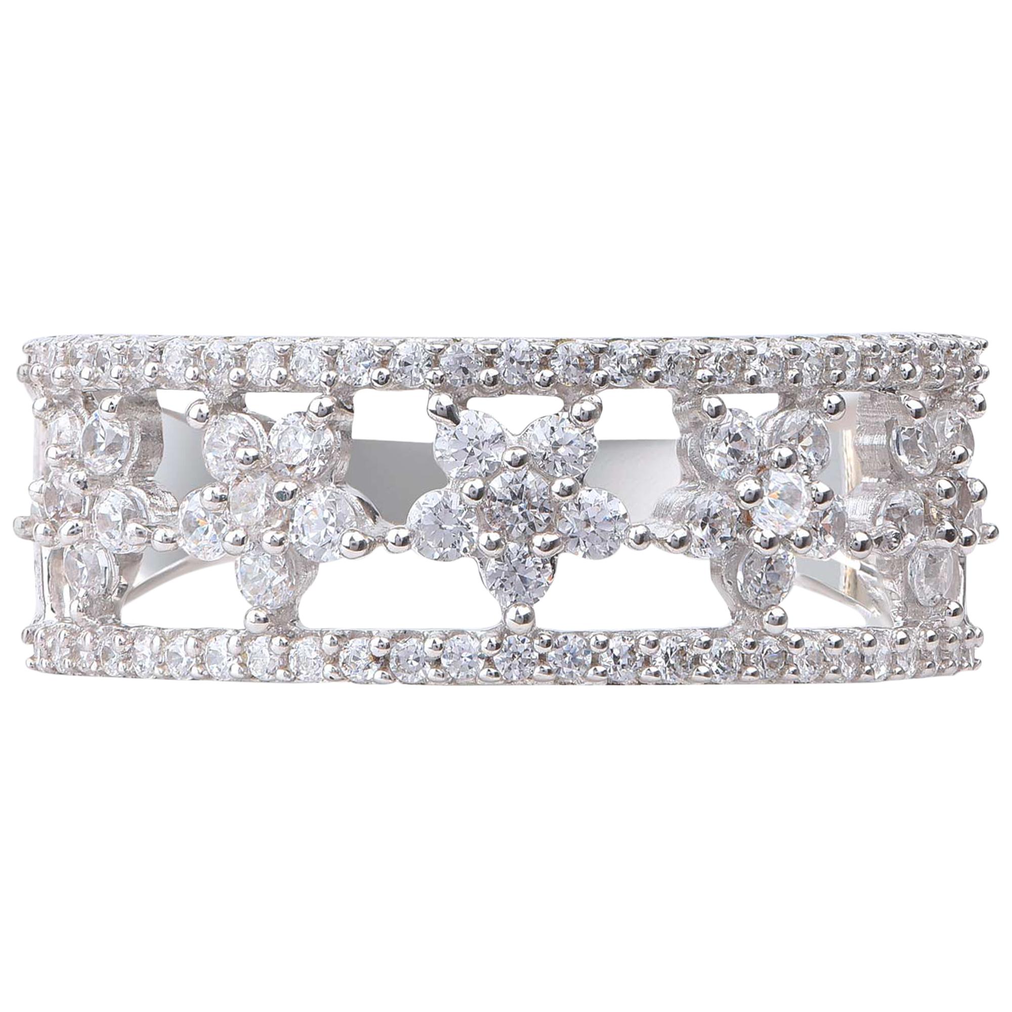 TJD 0.75 Carat Diamond 18 Karat White Gold Five Flowers Anniversary/Wedding Ring