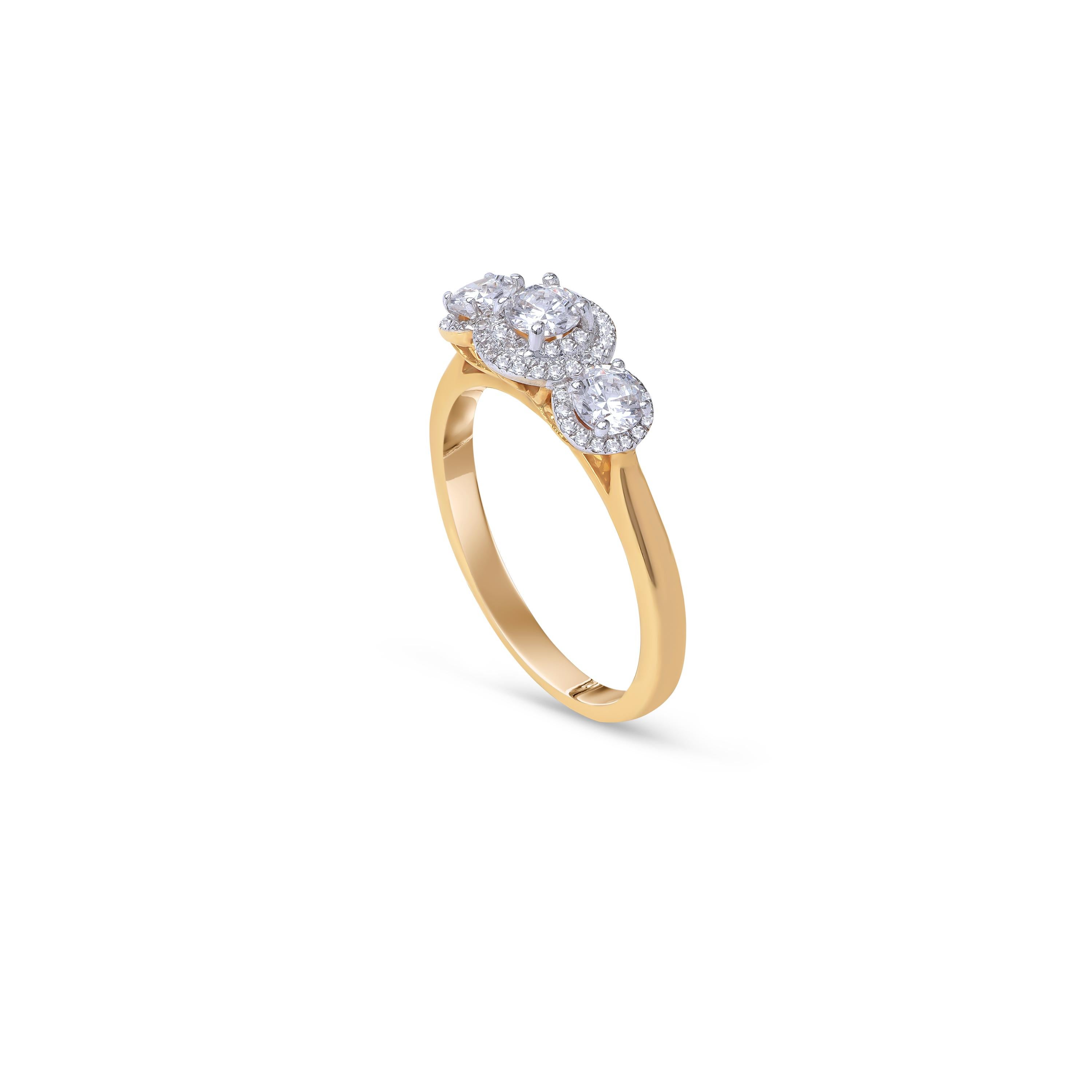 This gorgeous ring shines bright with 63 brilliant diamonds set elegantly in prong and micro-prong setting and fashioned in 18 kt yellow gold. Diamonds are graded H-I Color, I1 Clarity. 

Metal color and ring size can be customized on request.