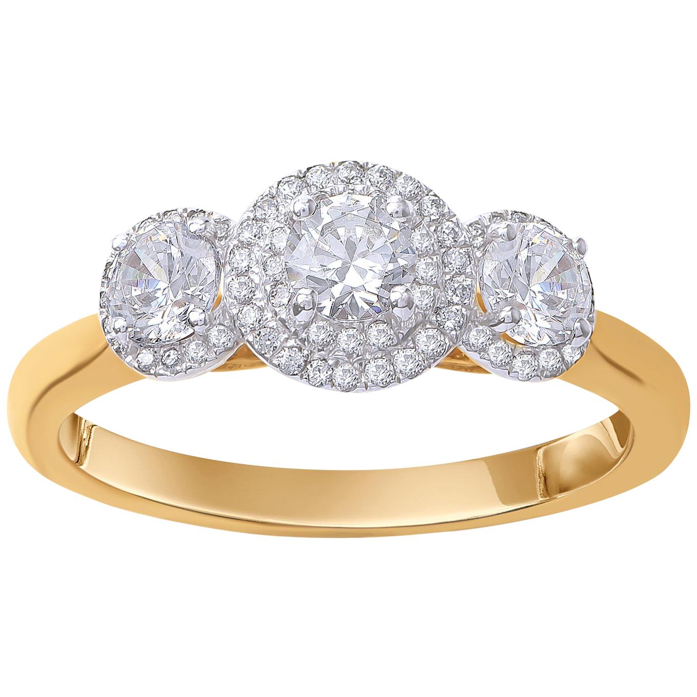 TJD 0.75 Carat Diamond 18 Karat Yellow Gold Vintage 3-Stone Cluster Ring