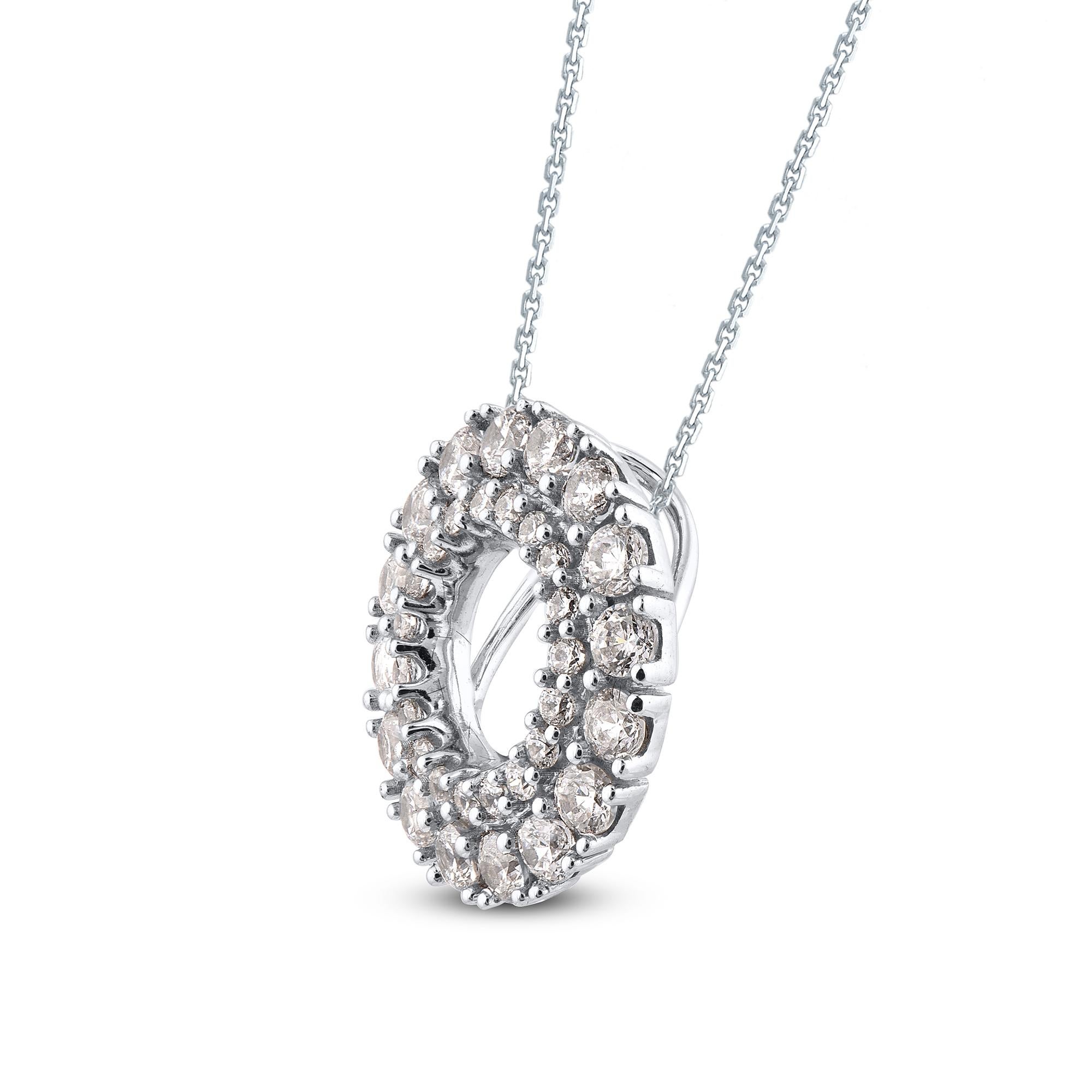 A striking addition when worn on its own, this diamond pendant makes a stunning impression. This circle pendant is crafted from 14-karat white gold and features 35 brilliant cut diamonds set in prong setting. H-I color I2 clarity and a high polish