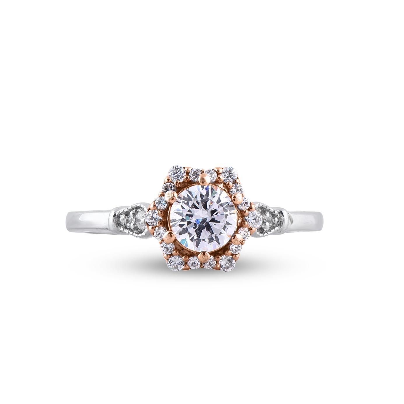 Exprimez votre amour pour elle de la manière la plus classique qui soit avec cette bague de fiançailles. Magnifiquement réalisée par nos experts en or 14 carats bicolore et ornée de 23 diamants ronds de taille brillante en serti clos et en pavé. Le