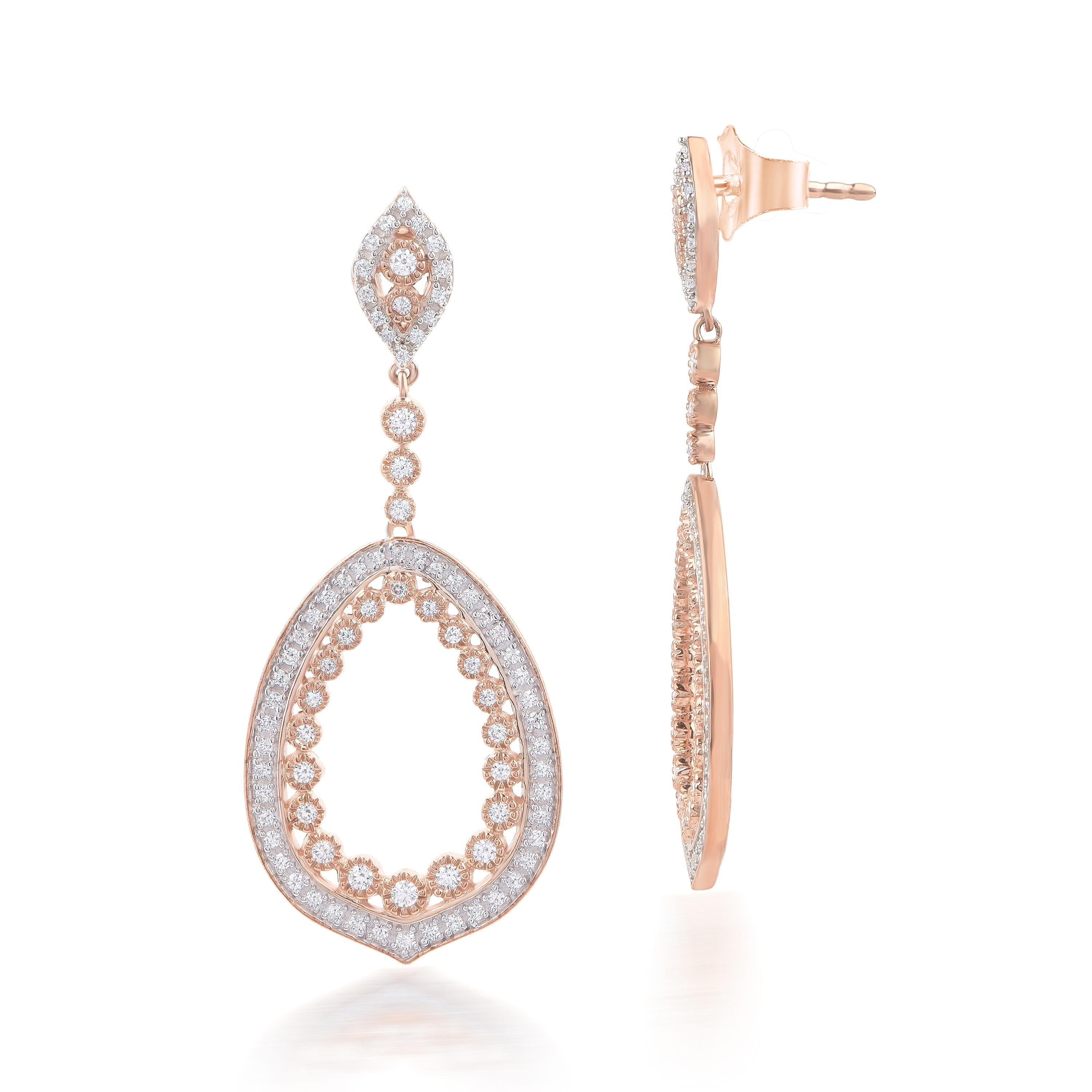 Round Cut TJD 0.75 Carat Diamond 18 Karat Rose Gold Open Leaf Shape Dangling Earrings For Sale