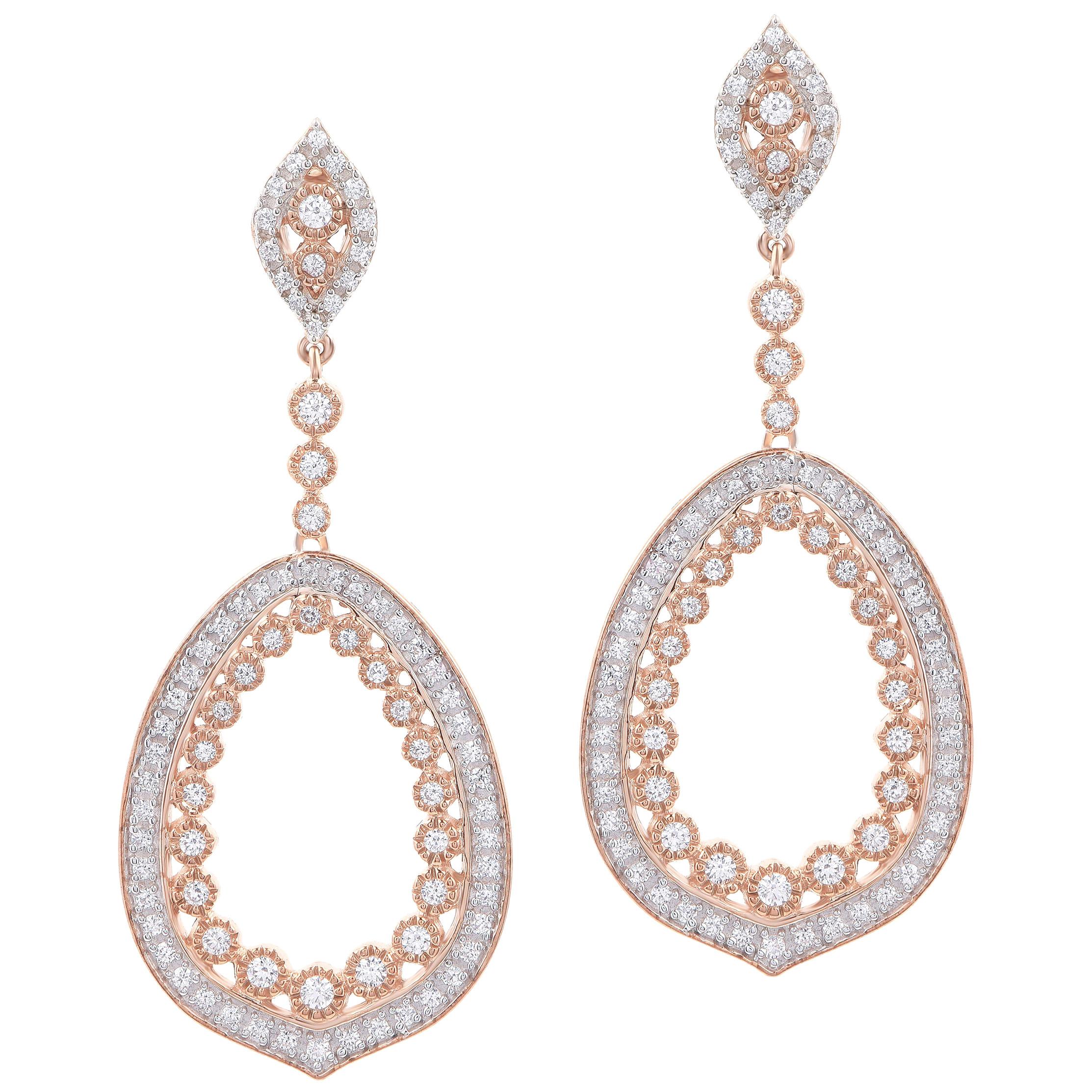 TJD 0.75 Carat Diamond 18 Karat Rose Gold Open Leaf Shape Dangling Earrings For Sale