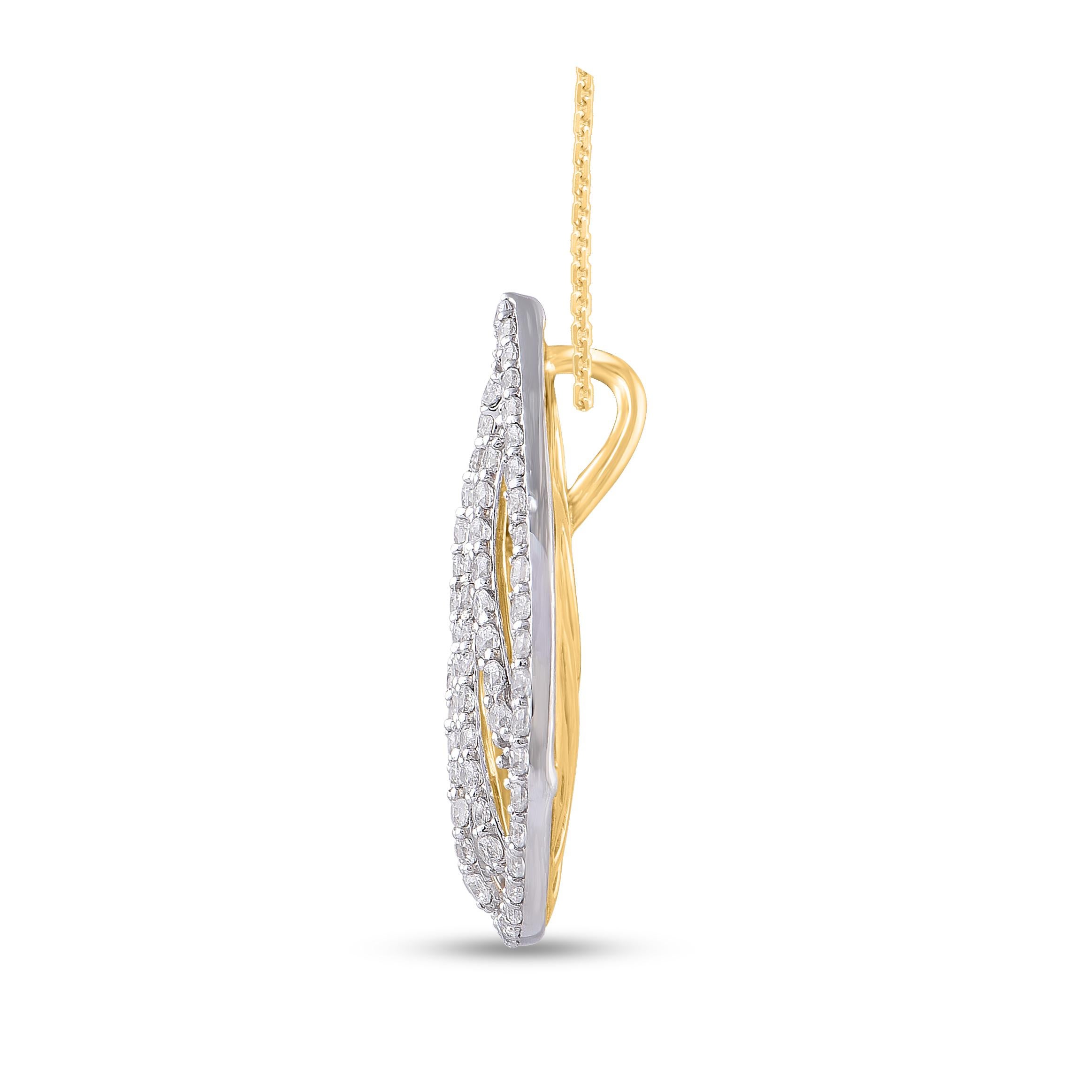 This diamond pear pendant necklace fits any occasion with ease. These pendants are studded with 96 brilliant cut natural diamonds in prongs setting in 14kt yellow gold. Diamonds are graded as H-I color and I-2 clarity. Pendant suspends along a cable