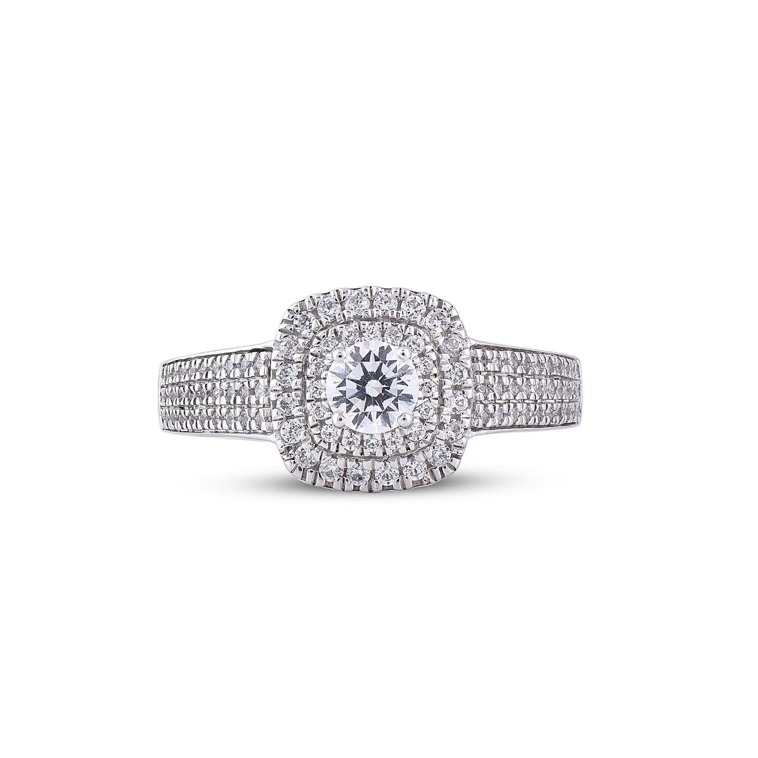 Round Cut TJD 0.75 Carat Diamond 14 Karat White Gold Engagement Double Halo Ring For Sale