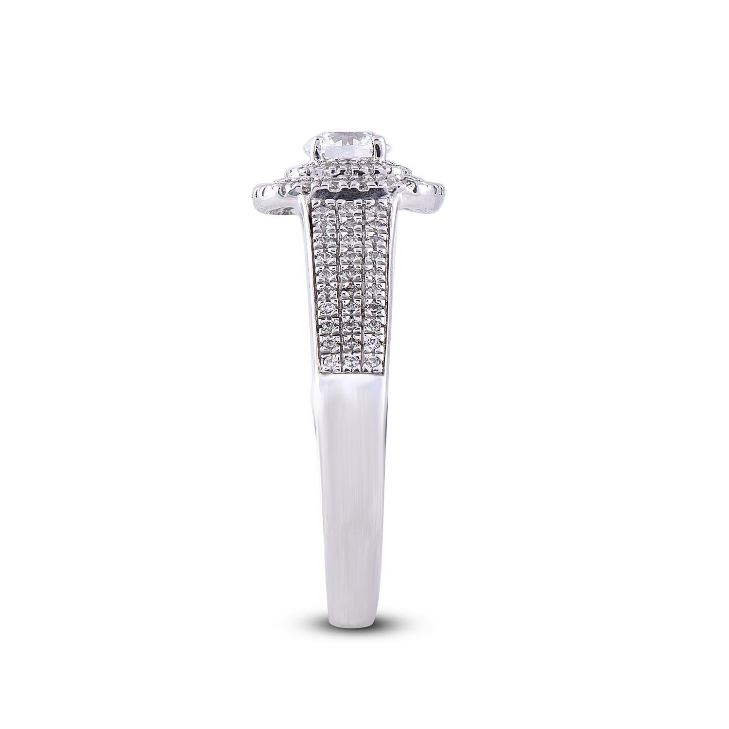 Round Cut TJD 0.75 Carat Diamond 14 Karat White Gold Engagement Double Halo Ring For Sale