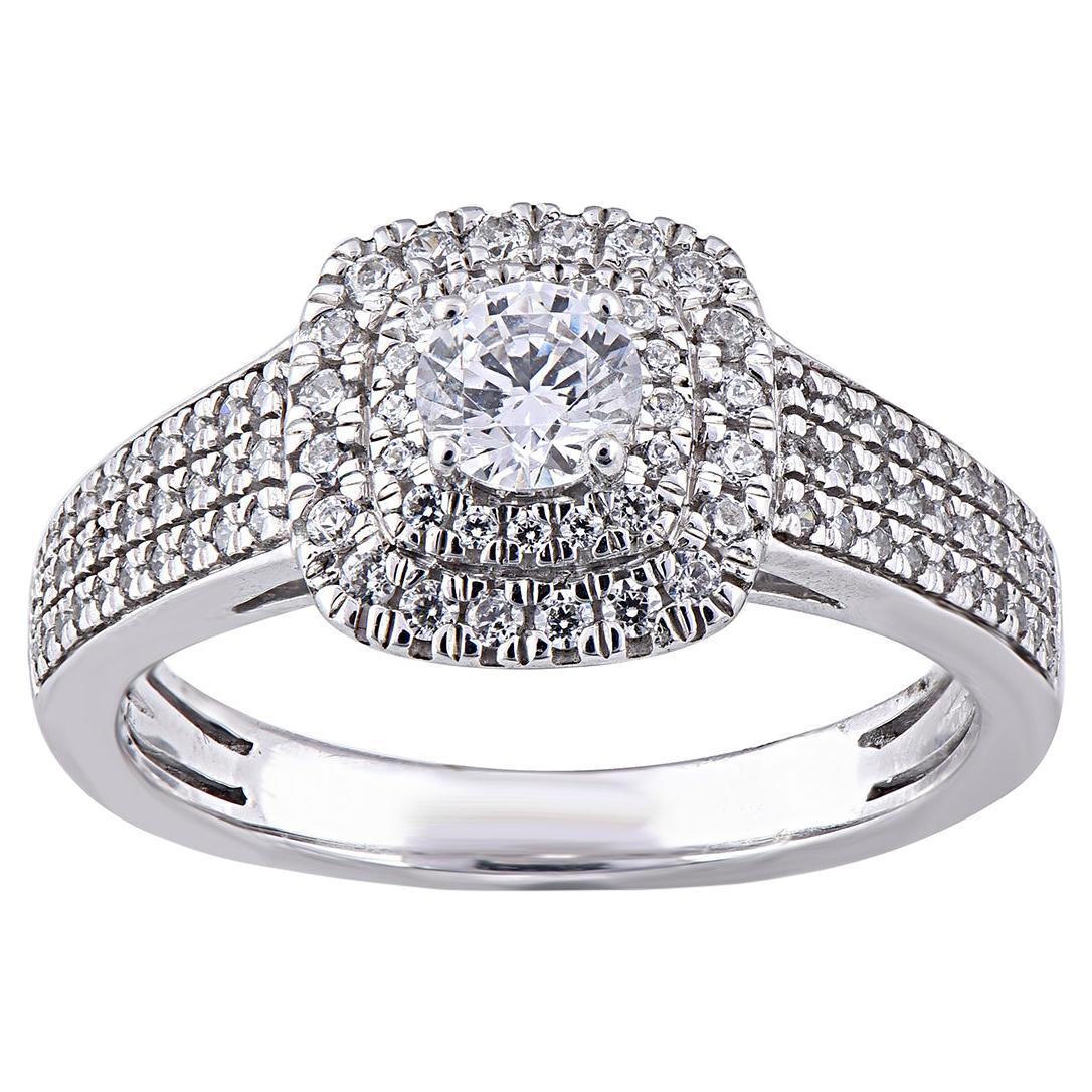 TJD 0.75 Carat Diamond 14 Karat White Gold Engagement Double Halo Ring For Sale