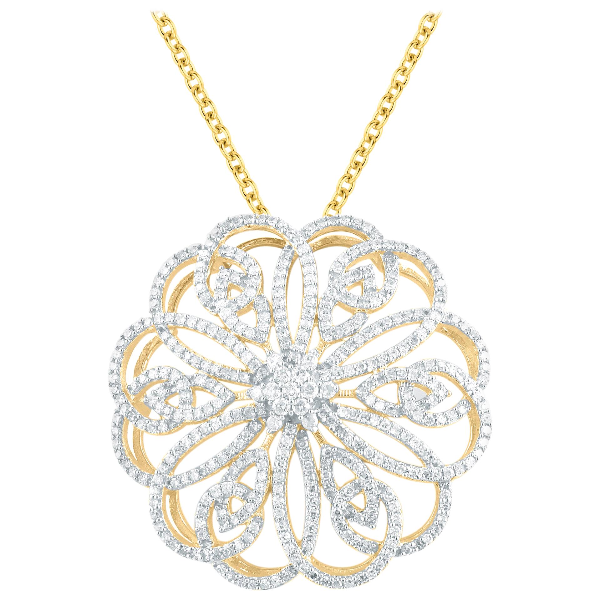 TJD 0.75 Carat Diamond 14 Karat Yellow Gold Filigree Floral Pendant For Sale