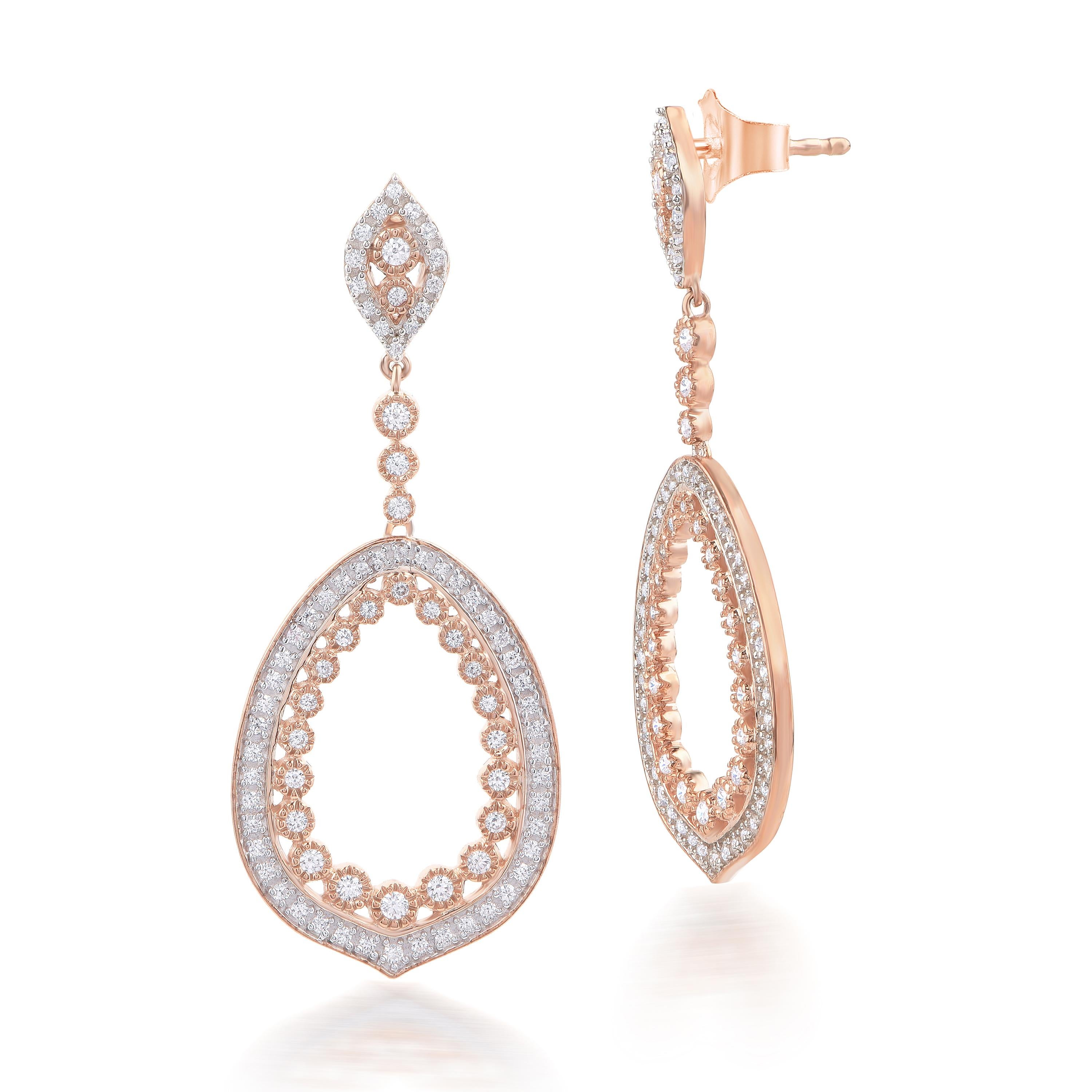 Contemporaneo TJD Orecchini pendenti a forma di foglia aperta in oro rosa 18 carati con diamante da 0,75 carati in vendita