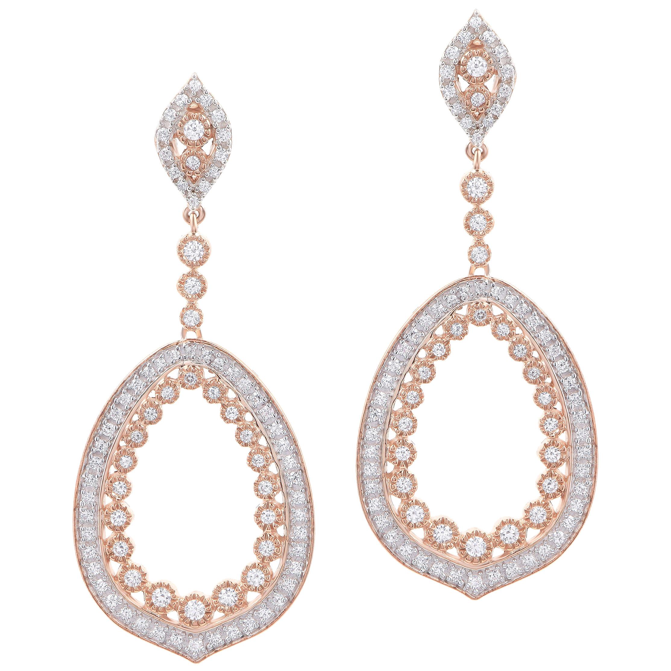 TJD 0.75 Carat Diamond 18 Karat Rose Gold Open Leaf Shape Dangling Earrings