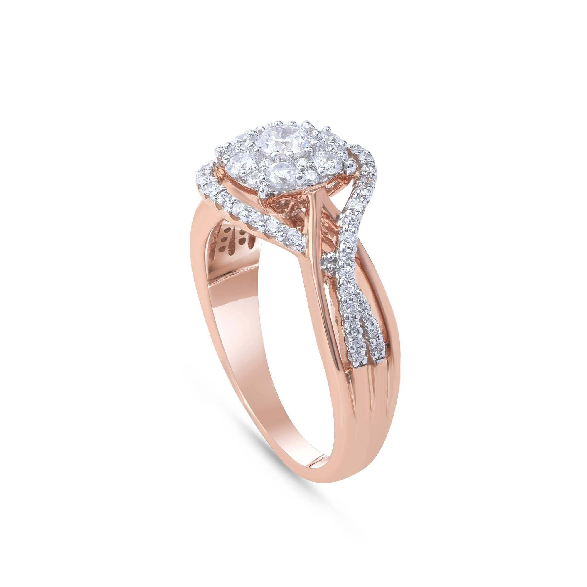 This gorgeous engagement ring is studded with 67 brilliant-cut diamonds set in prong setting and crafted in 18 KT rose gold. Diamonds are graded HI Color, I1 Clarity.  

Metal color and ring size can be customized on request. 

This piece is made to